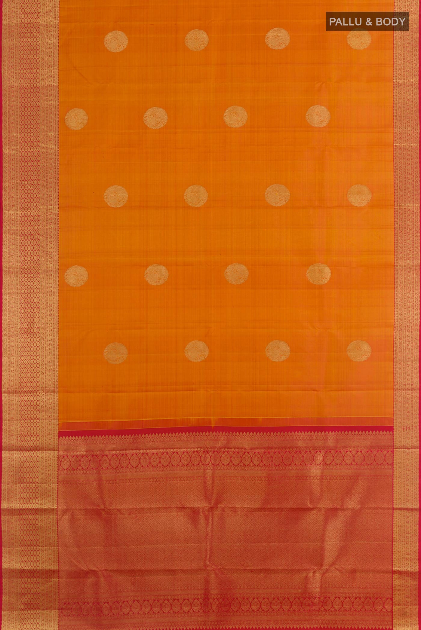 Flat view of Brick Orange Kanchipuram Silk Saree with Zari Butta on the body and Zari Border. 