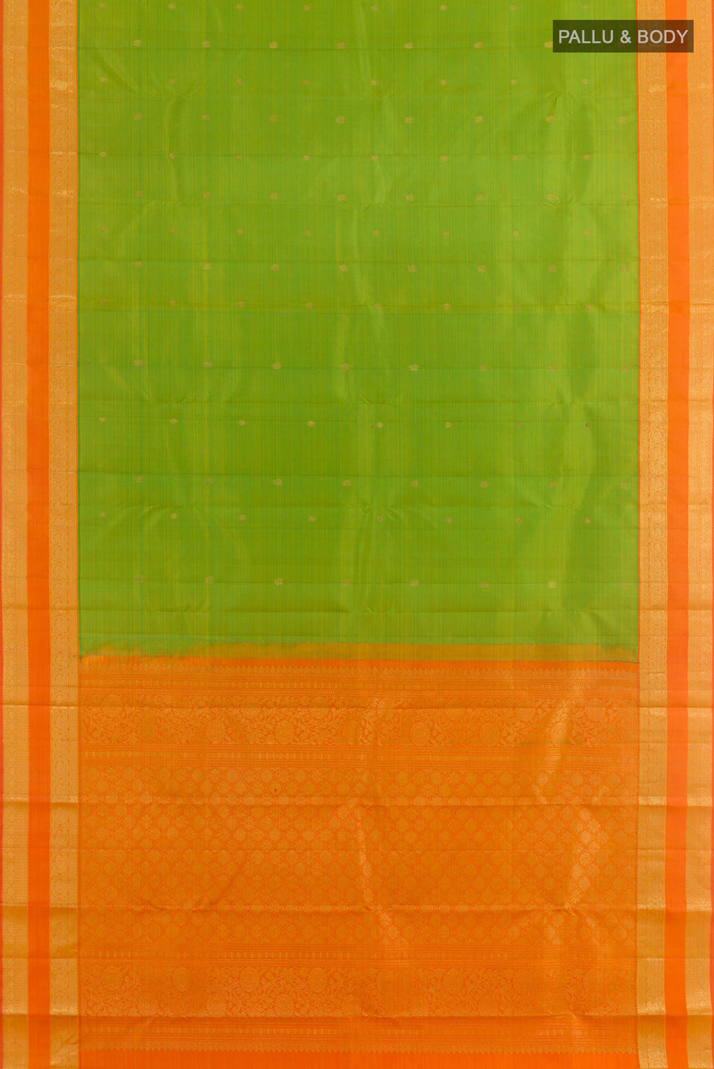 Flat view of Parrot Green Kanchipuram Silk Saree with Zari Butta on the body and Zari Border. 