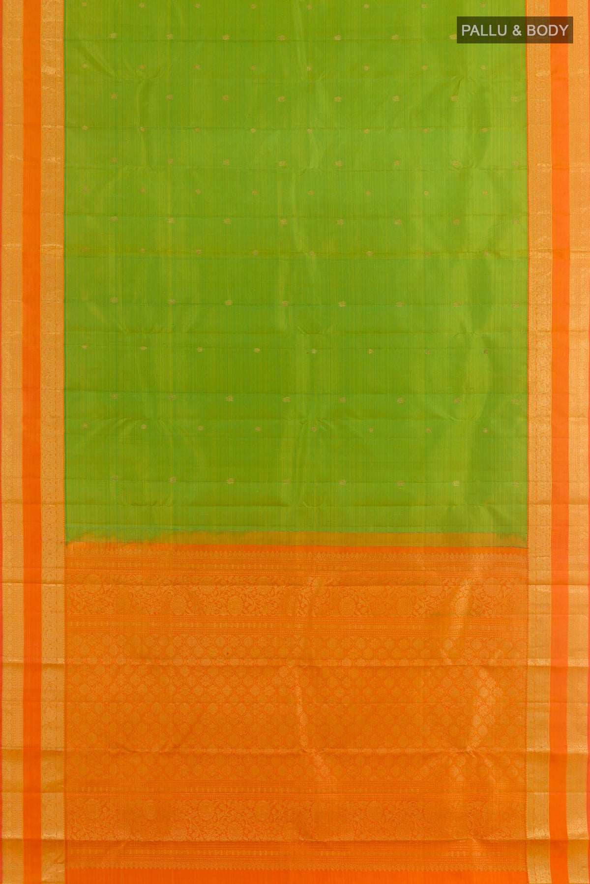 Flat view of Parrot Green Kanchipuram Silk Saree with Zari Butta on the body and Zari Border. 