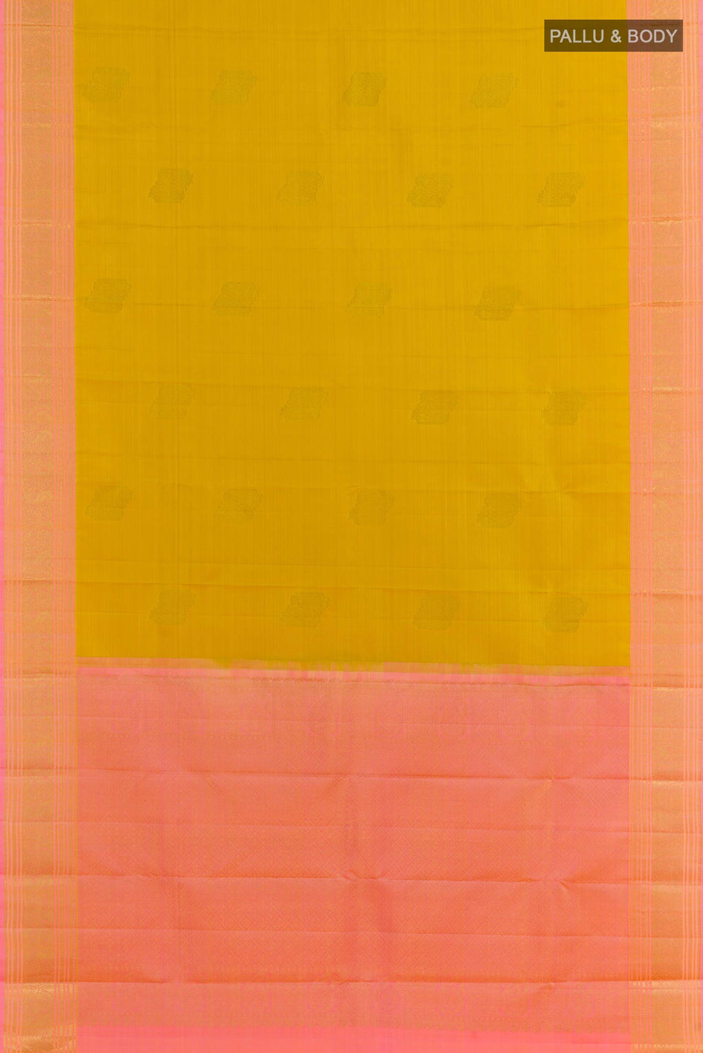 Flat view of Mustard Kanchipuram Silk Saree with Zari Butta on the body and Zari Border. 