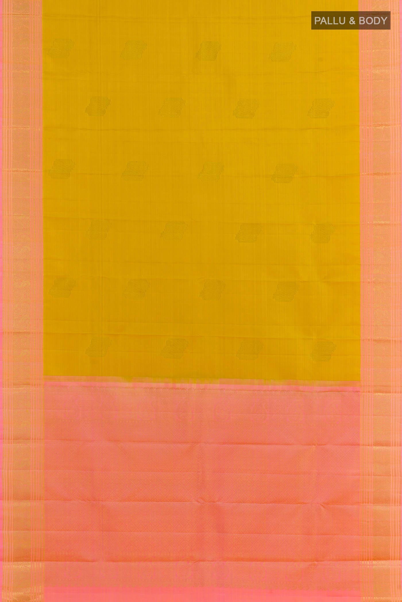 Flat view of Mustard Kanchipuram Silk Saree with Zari Butta on the body and Zari Border. 