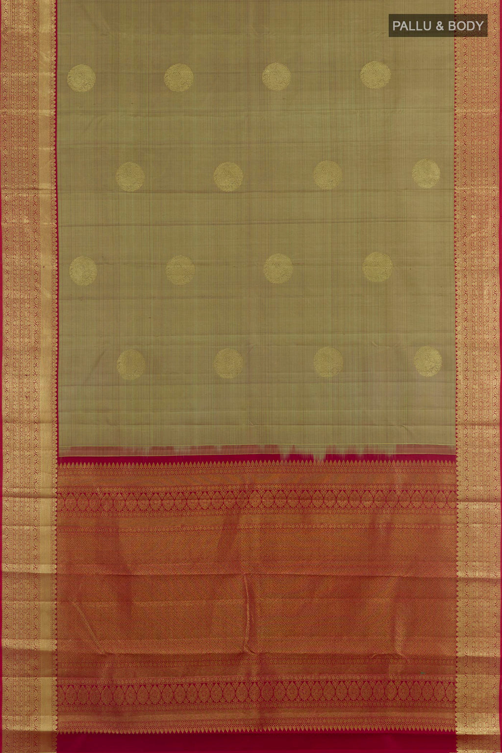 Flat view of Green Kanchipuram Silk Saree with Zari Butta on the body and Zari Border. 