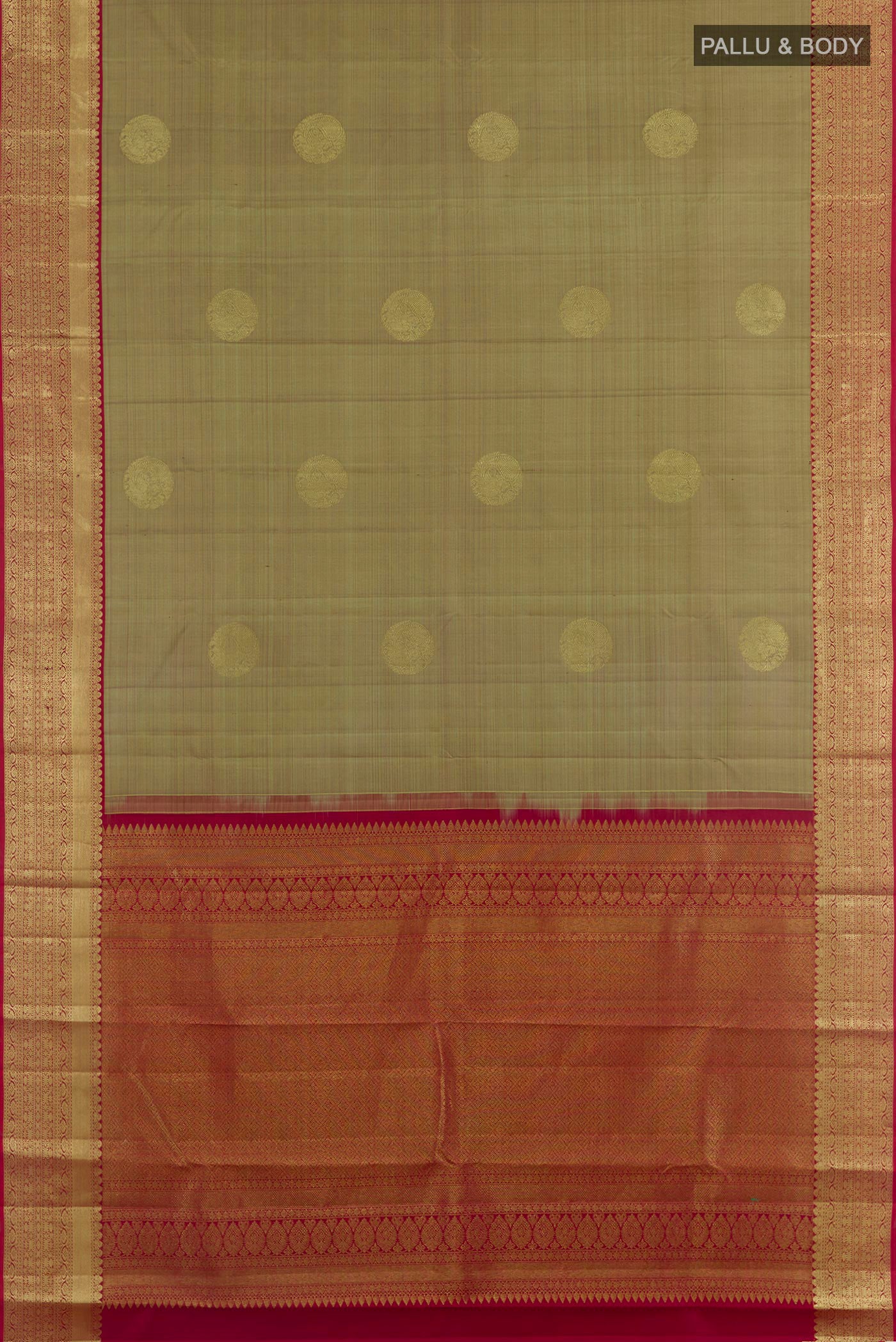 Flat view of Green Kanchipuram Silk Saree with Zari Butta on the body and Zari Border. 