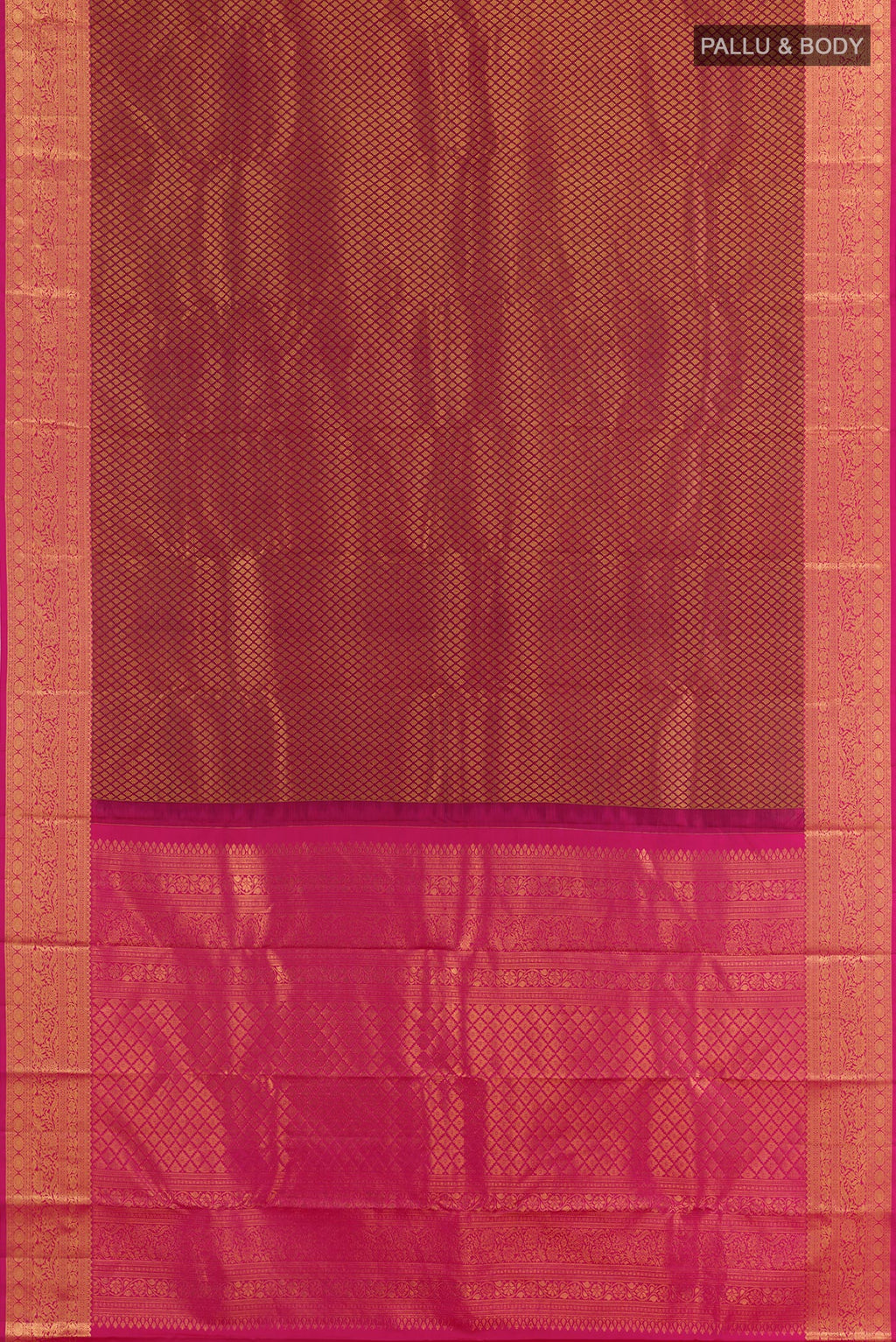 Flat view of Maroon Kanjivaram Silk Saree with Zari Brocade on the body and Zari Border. 