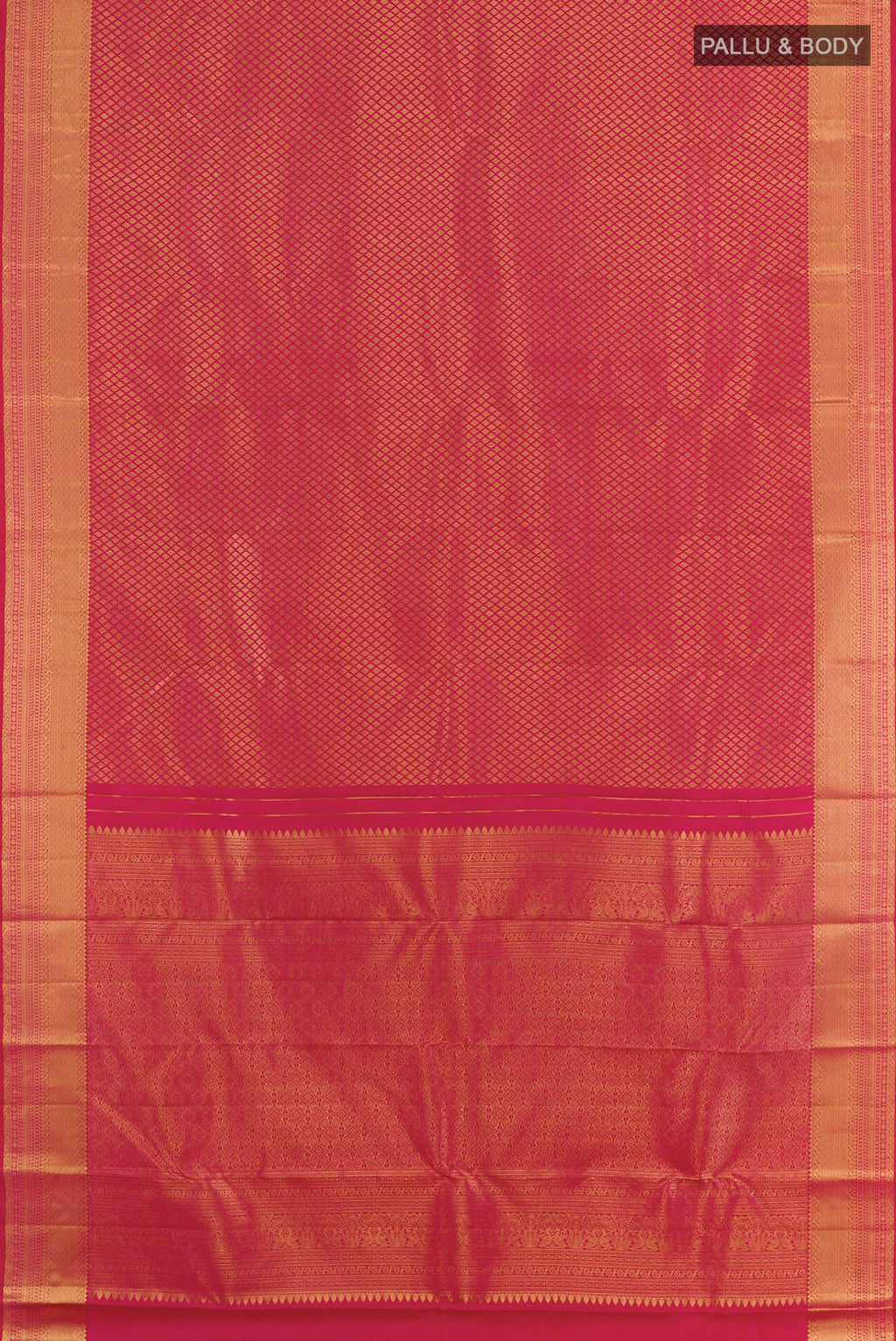 Flat view of Pink Kanjivaram Silk Saree with Zari Brocade on the body and Zari Border. 