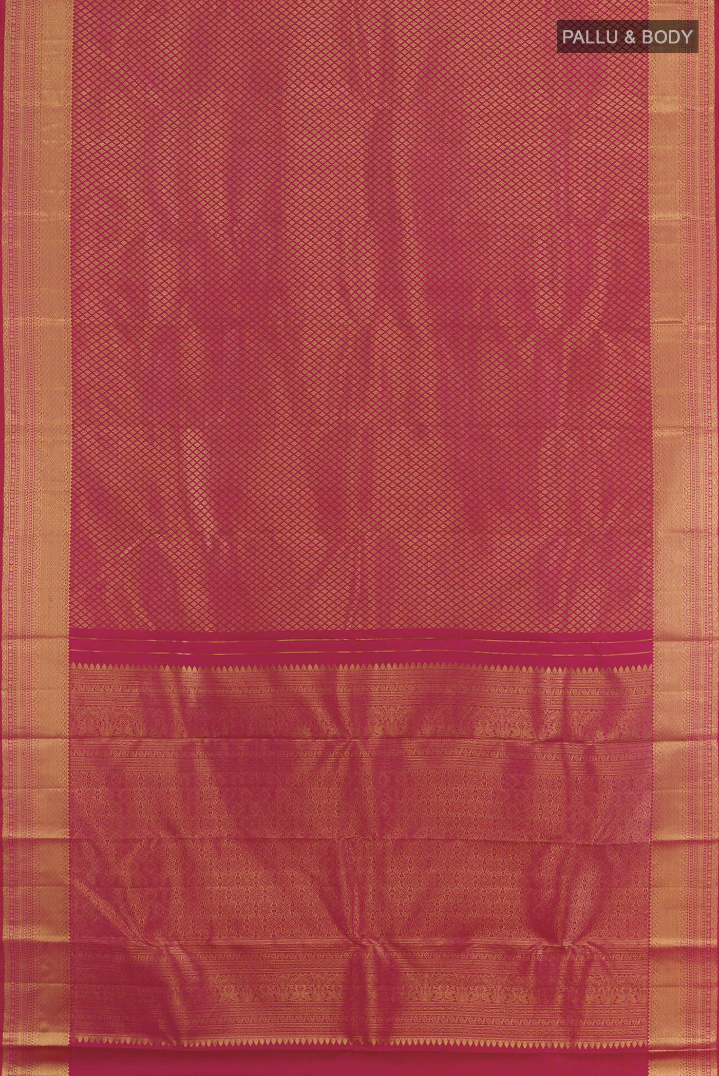 Flat view of Pink Kanjivaram Silk Saree with Zari Brocade on the body and Zari Border. 