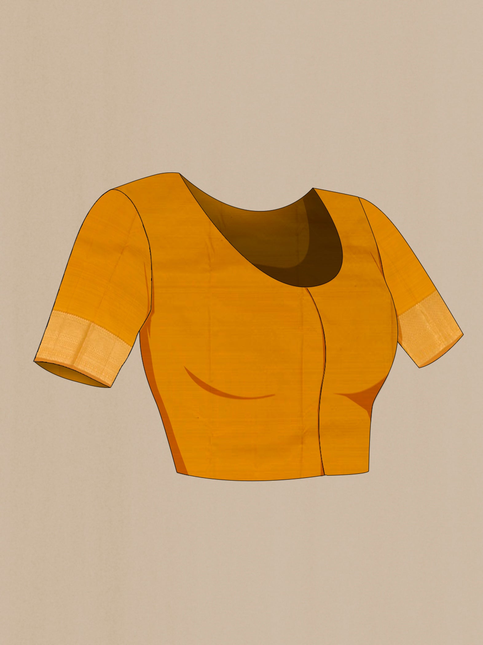 Close up image of the blouse of Mustard Kanjivaram Silk Saree with Zari Brocade on the body and Zari Border. 