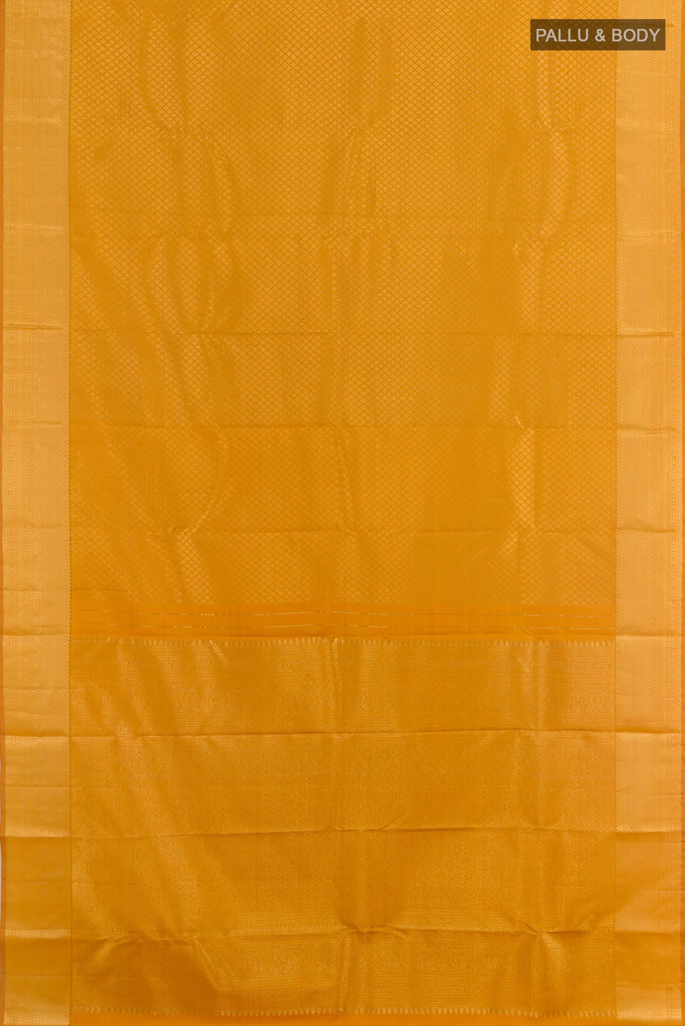 Flat view of Mustard Kanjivaram Silk Saree with Zari Brocade on the body and Zari Border. 