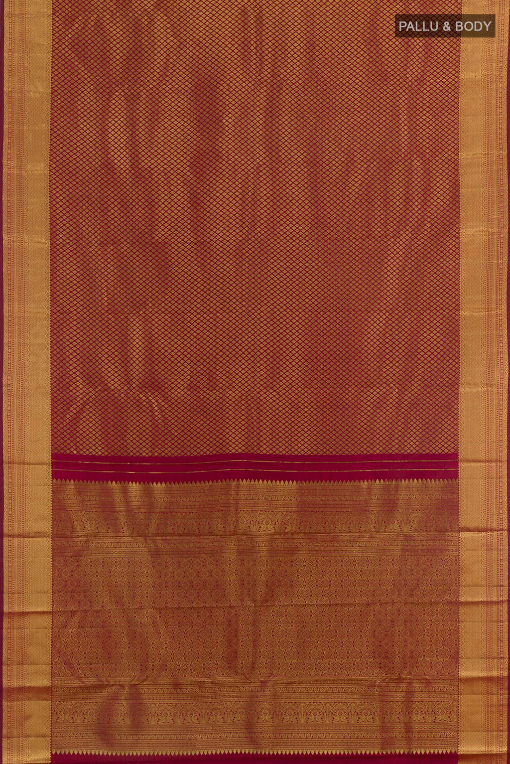 Flat view of Maroon Kanjivaram Silk Saree with Zari Brocade on the body and Zari Border. 