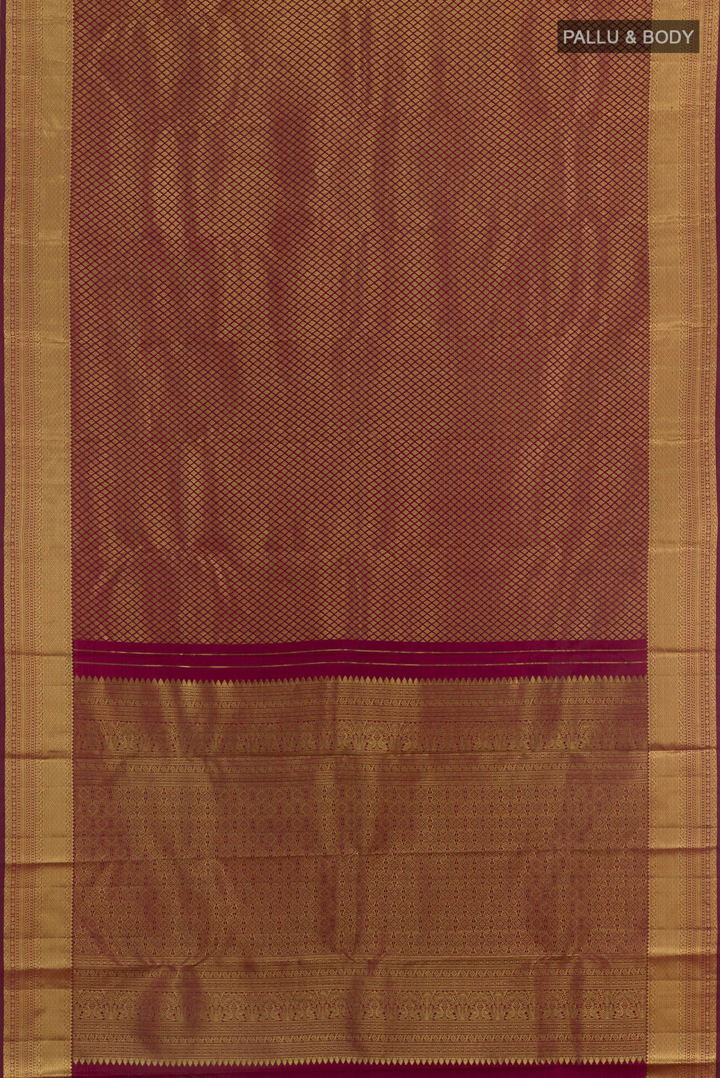 Flat view of Maroon Kanjivaram Silk Saree with Zari Brocade on the body and Zari Border. 
