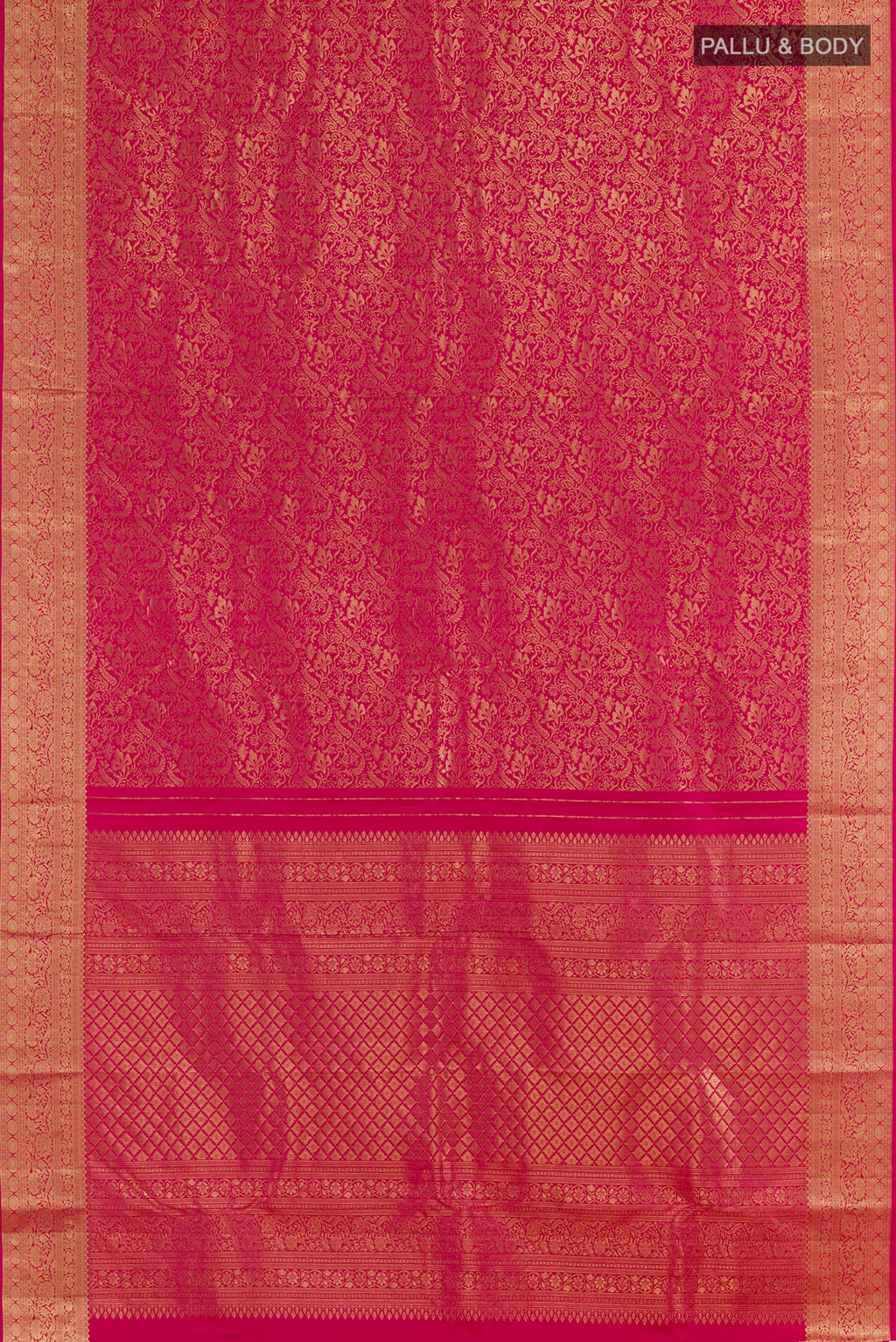 Flat view of Pink Kanjivaram Silk Saree with Zari Brocade on the body and Zari Border. 