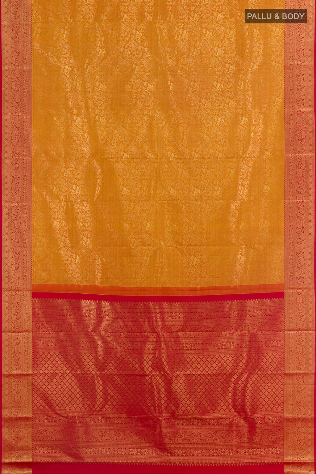 Flat view of Yellow Kanjivaram Silk Saree with Zari Brocade on the body and Zari Border. 