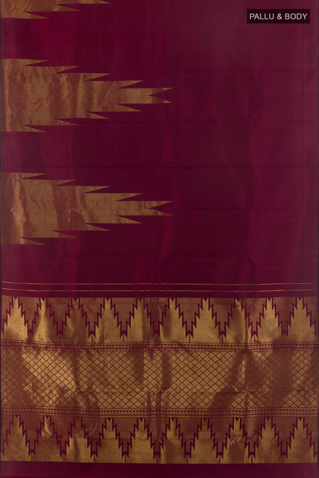 Flat view of Purple Kanjivaram Silk Saree with Plain Body and Temple Border. 