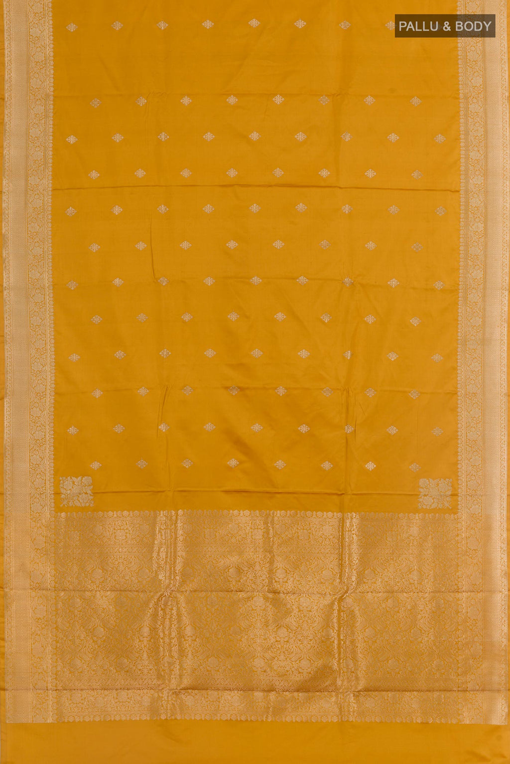 Flat view of Yellow Banarasi Silk Saree with Zari Butta on the body and Zari Border. 