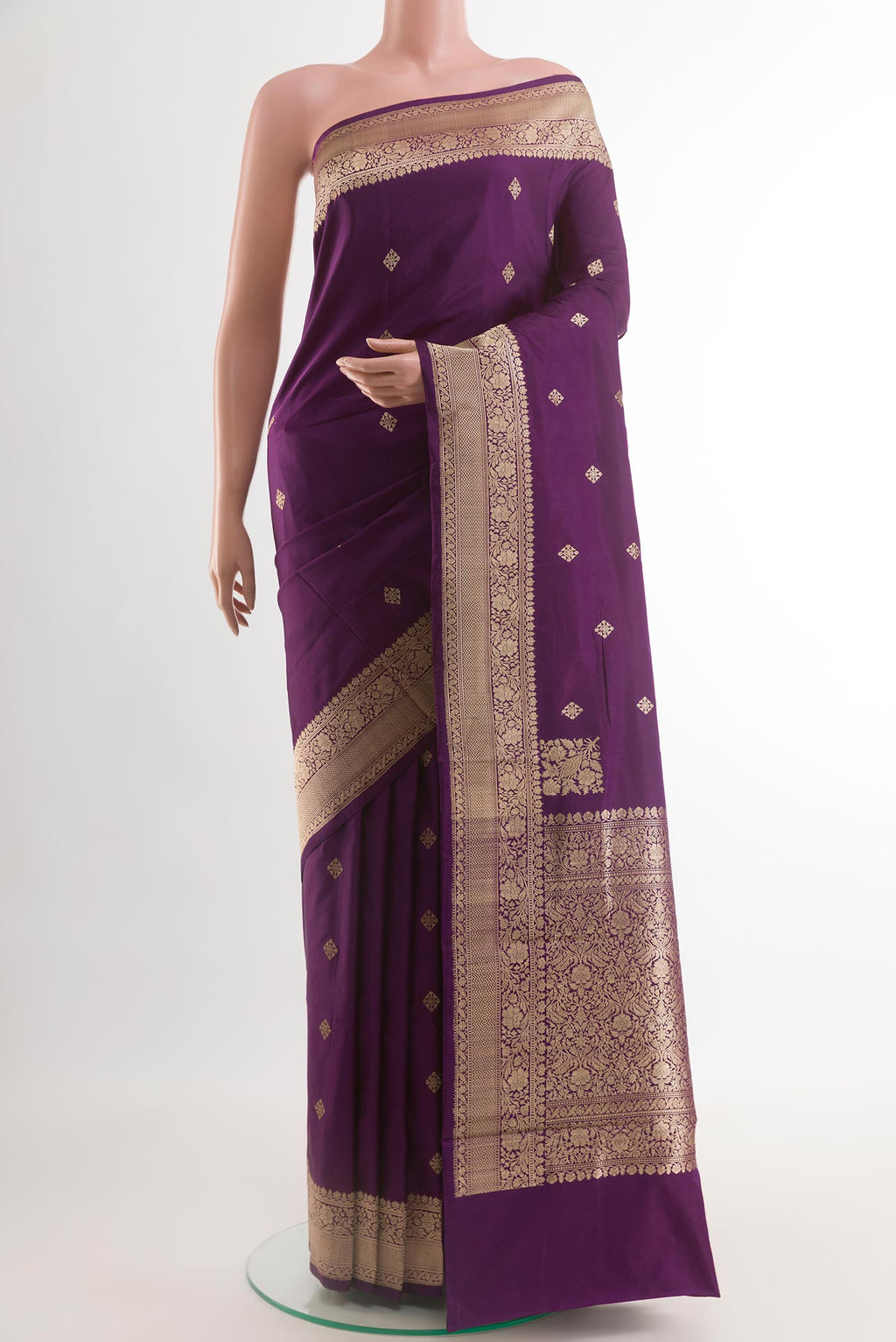Purple Banarasi Silk Saree with Zari Butta on the body and Zari Border.  displayed on a mannequin