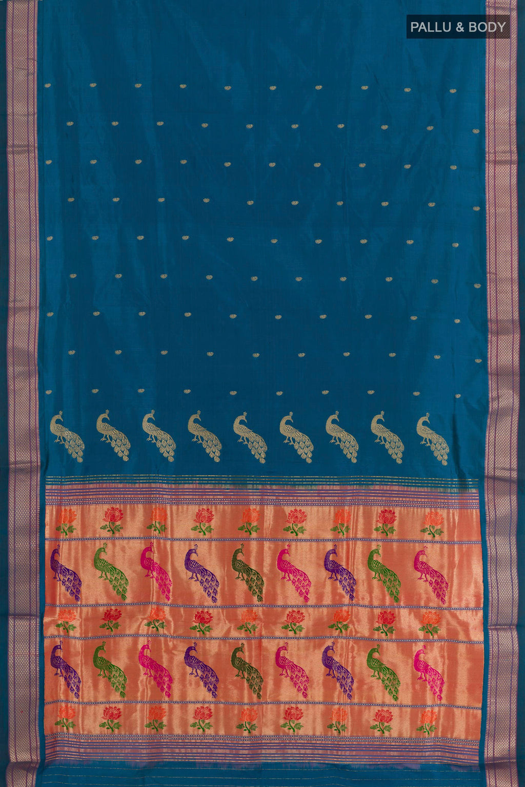 Flat view of Blue Paithani Silk Saree with Zari Butta on the body and Zari Border. 
