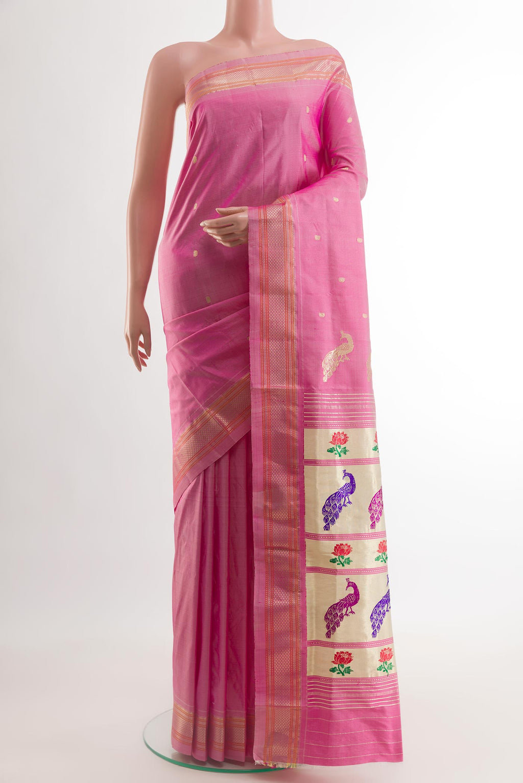 Pink Paithani Silk Saree with Zari Butta on the body and Zari Border.  displayed on a mannequin