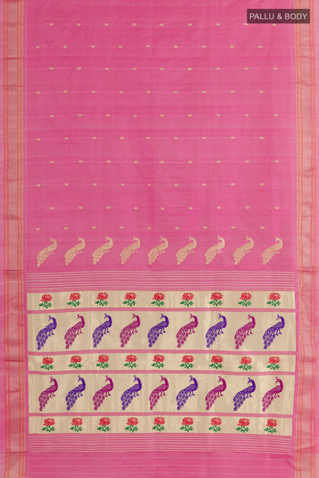 Flat view of Pink Paithani Silk Saree with Zari Butta on the body and Zari Border. 