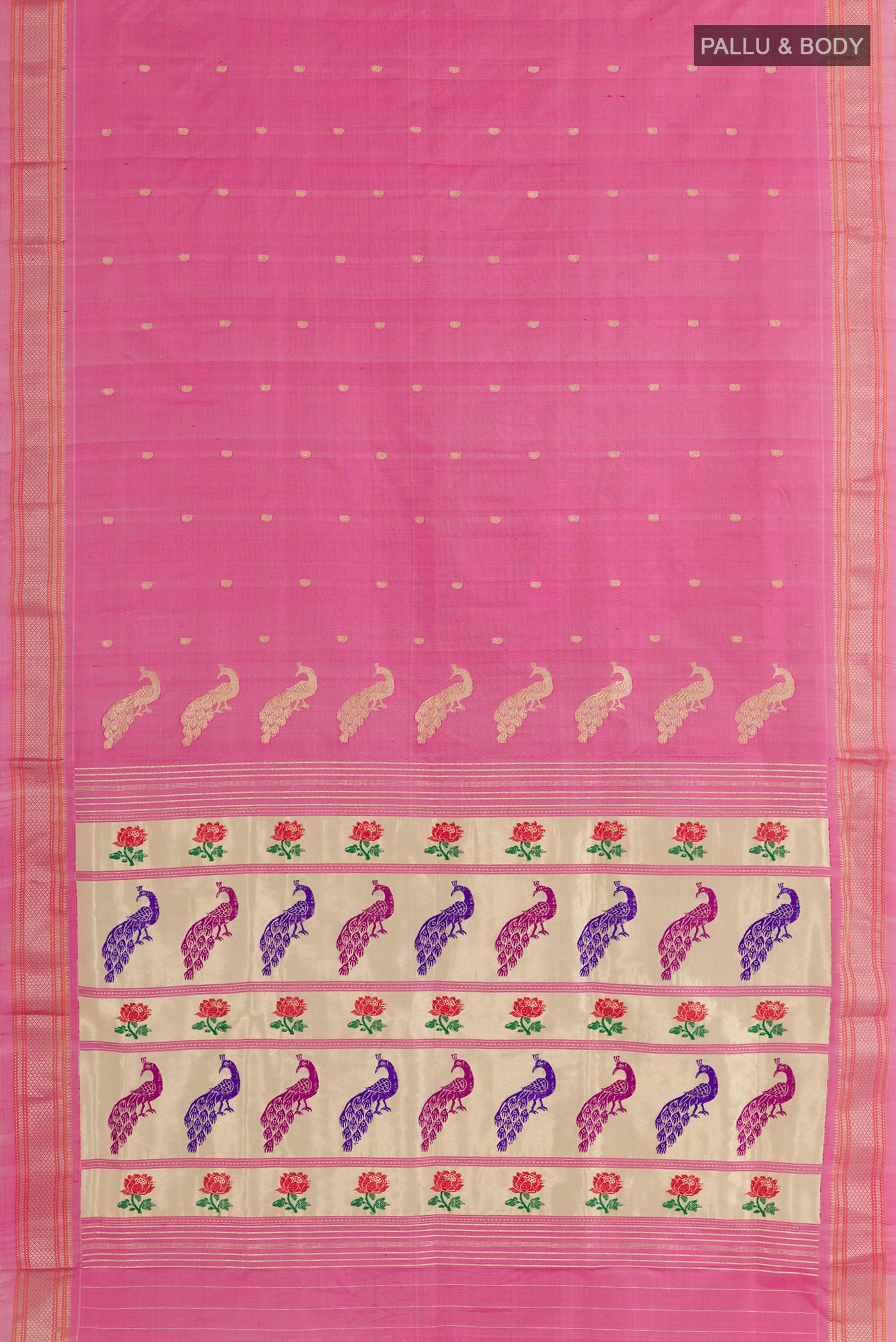 Flat view of Pink Paithani Silk Saree with Zari Butta on the body and Zari Border. 