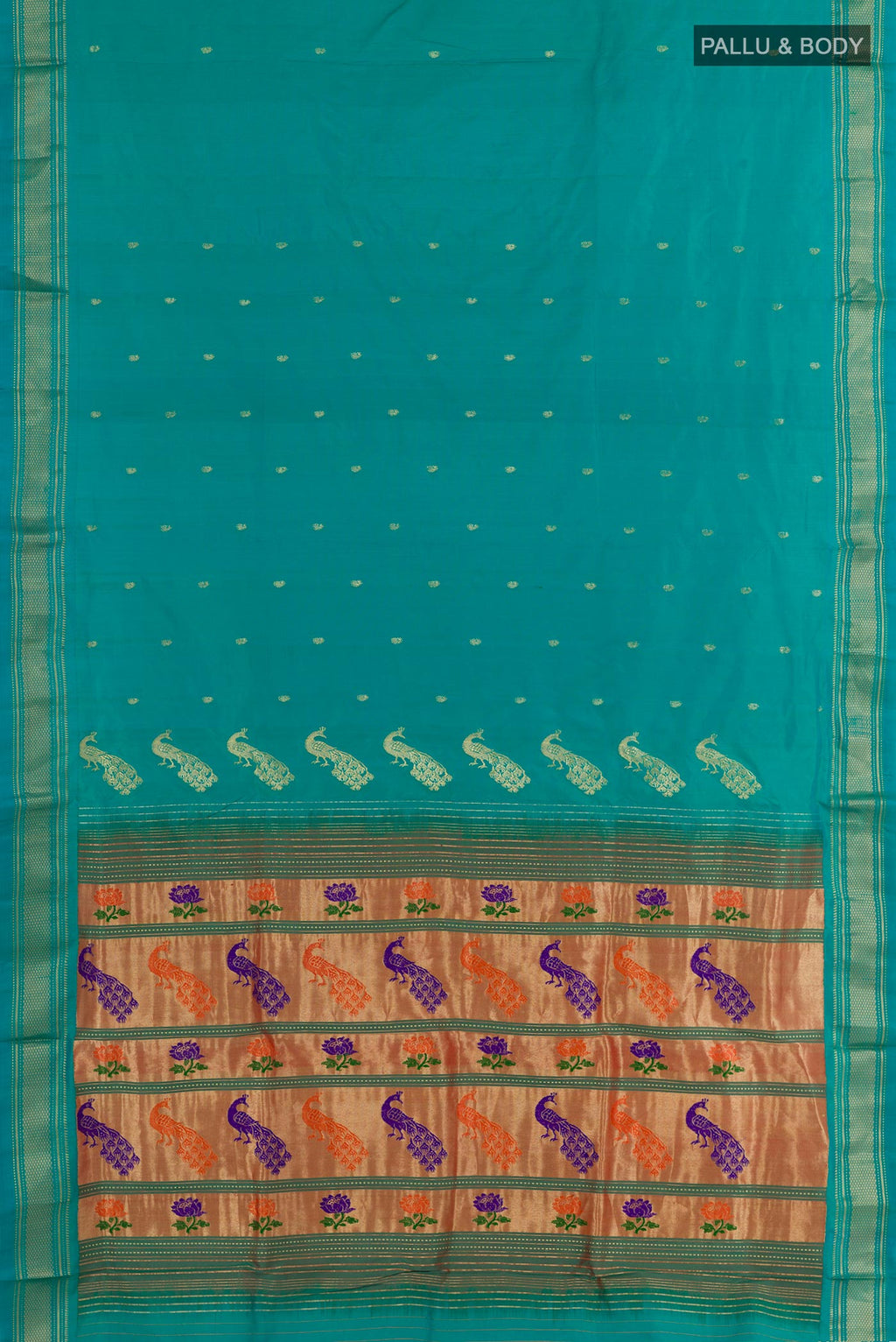 Flat view of Blue Paithani Silk Saree with Zari Butta on the body and Zari Border. 