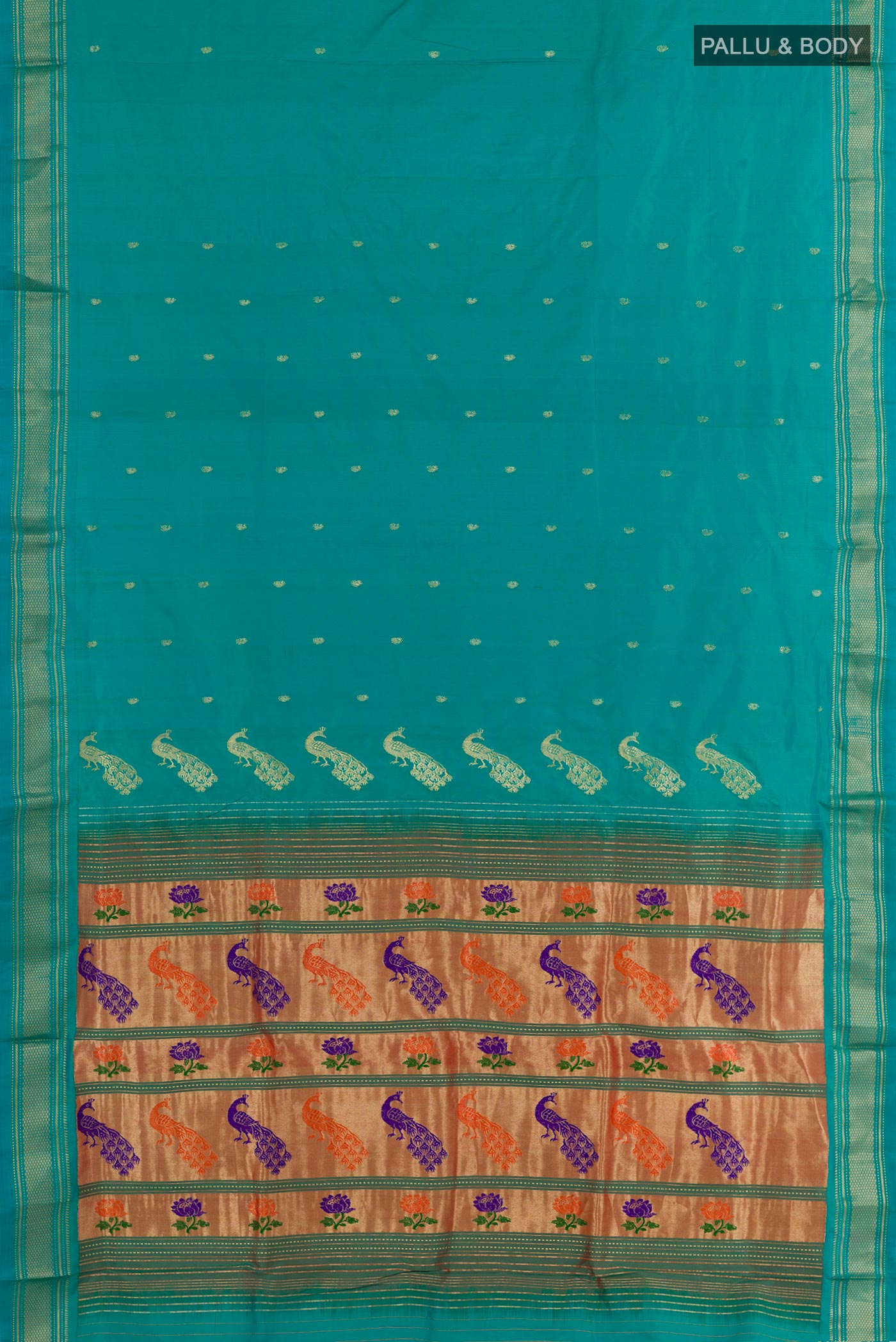 Flat view of Blue Paithani Silk Saree with Zari Butta on the body and Zari Border. 