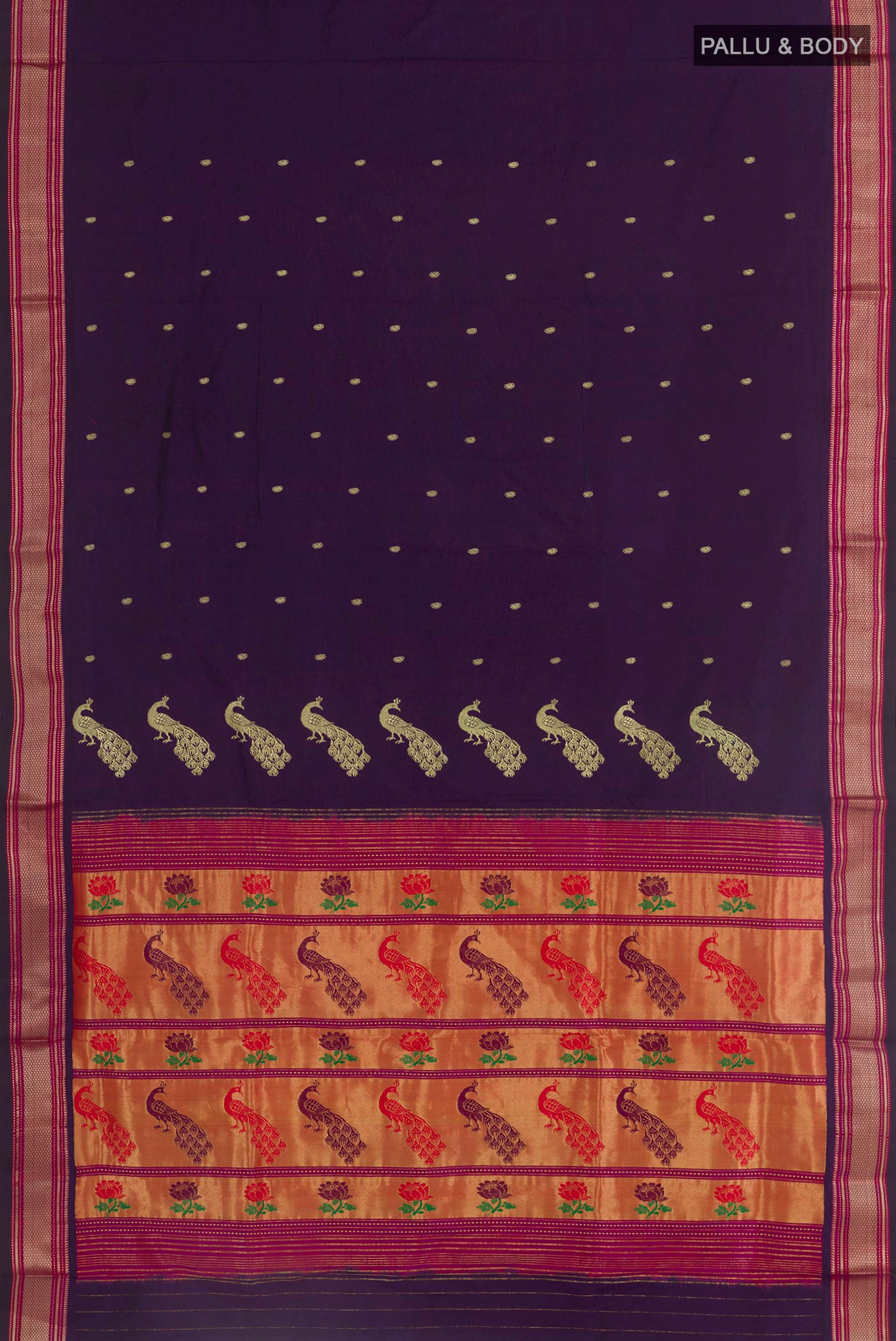 Flat view of Purple Paithani Silk Saree with Zari Butta on the body and Zari Border. 