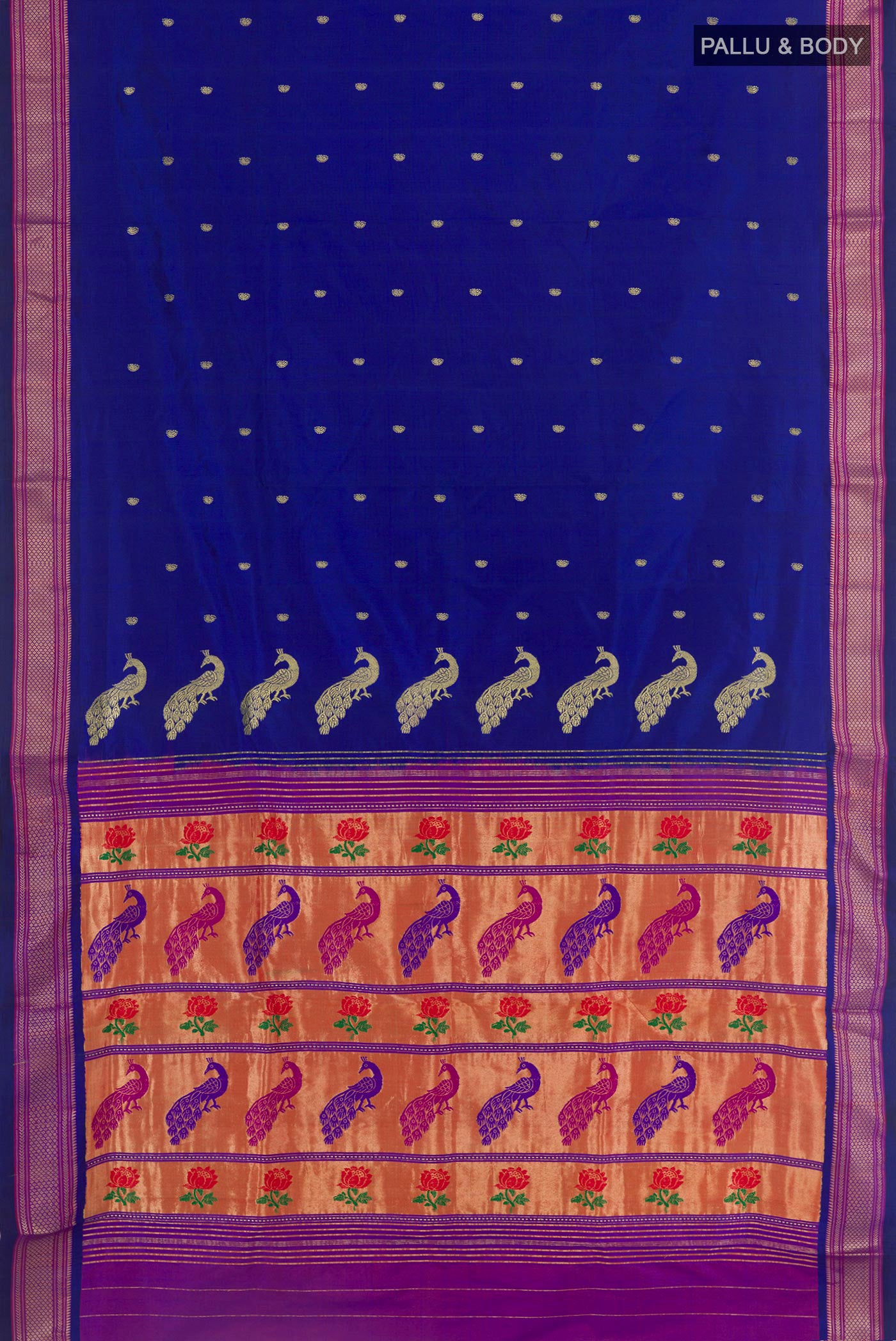 Flat view of Blue Paithani Silk Saree with Zari Butta on the body and Zari Border. 