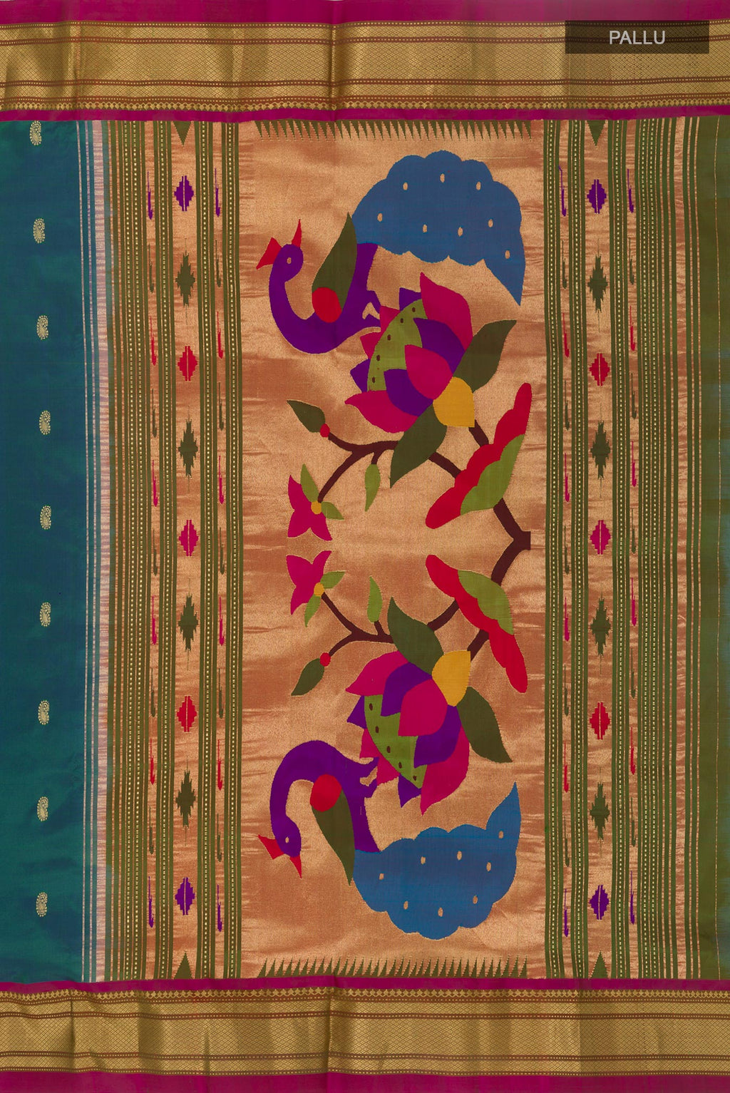 Close up image of the pallu of Peacock Blue Paithani Silk Saree with Zari Butta on the body and Zari Border. 