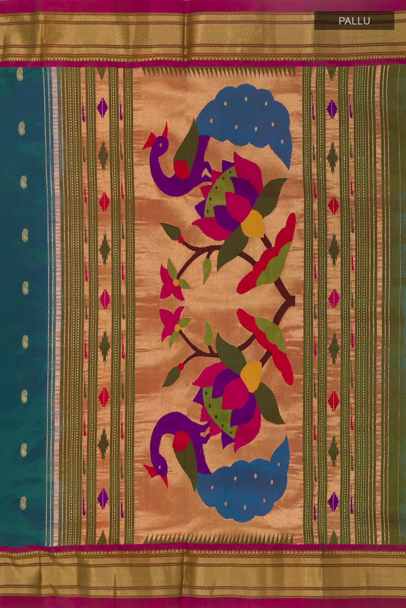 Close up image of the pallu of Peacock Blue Paithani Silk Saree with Zari Butta on the body and Zari Border. 