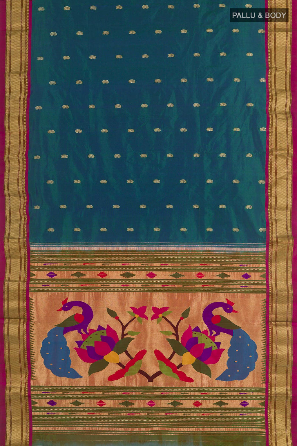 Flat view of Peacock Blue Paithani Silk Saree with Zari Butta on the body and Zari Border. 