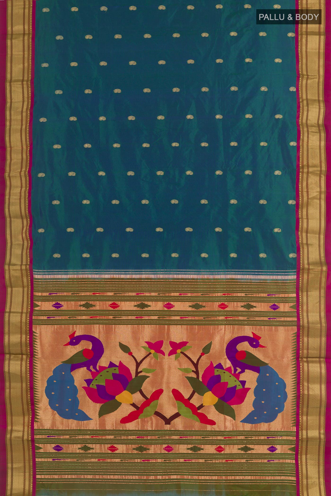 Flat view of Peacock Blue Paithani Silk Saree with Zari Butta on the body and Zari Border. 