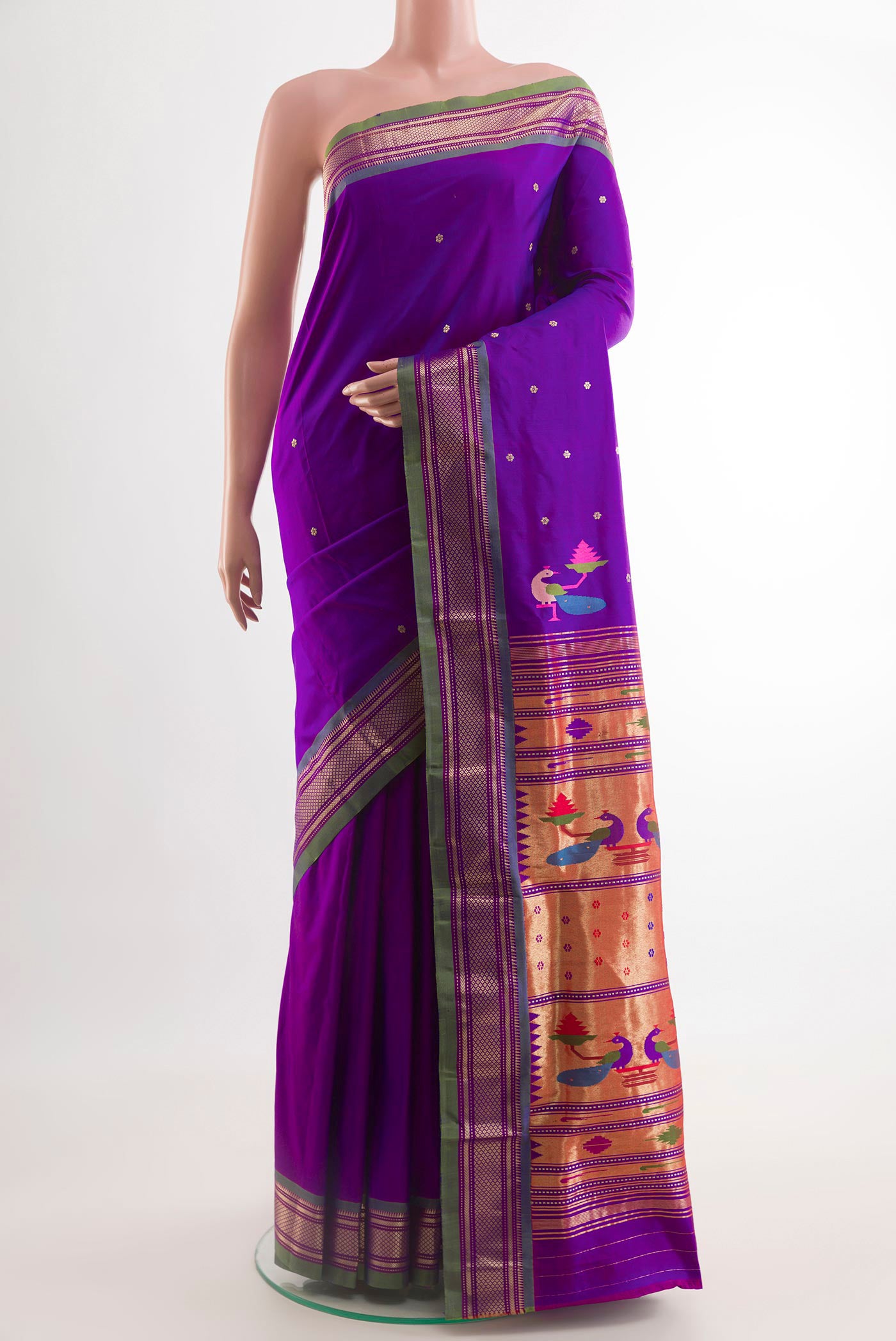 Purple Paithani Silk Saree with Zari Butta on the body and Zari Border.  displayed on a mannequin