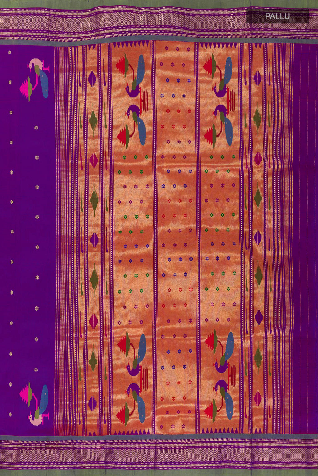 Close up image of the pallu of Purple Paithani Silk Saree with Zari Butta on the body and Zari Border. 