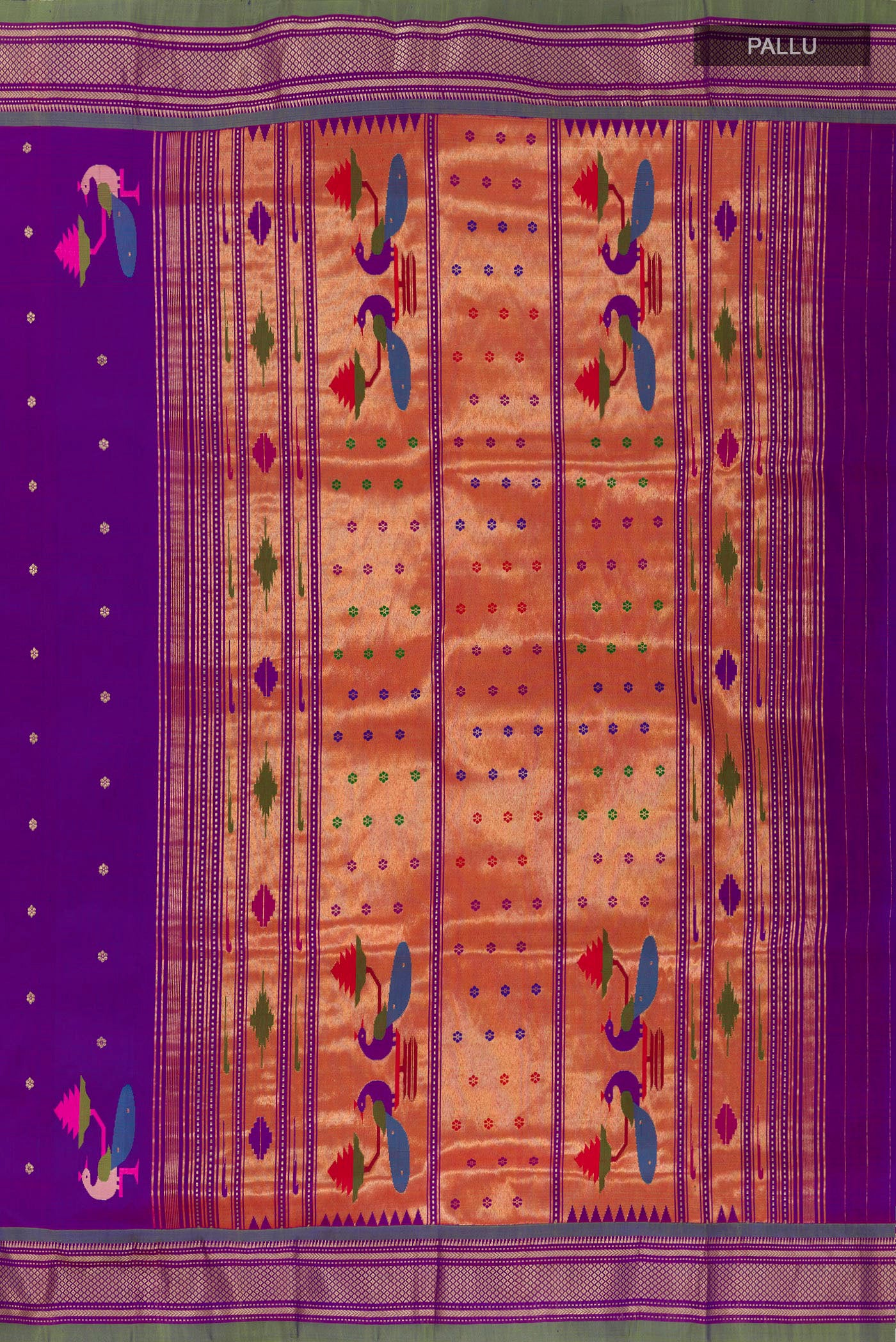 Close up image of the pallu of Purple Paithani Silk Saree with Zari Butta on the body and Zari Border. 