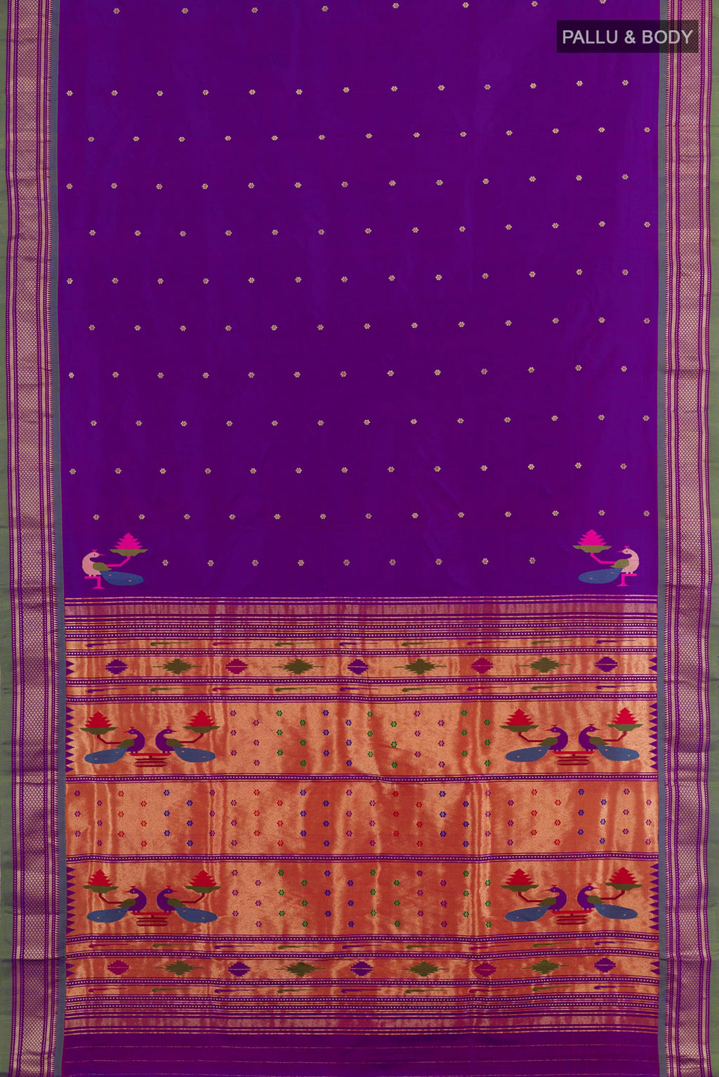 Flat view of Purple Paithani Silk Saree with Zari Butta on the body and Zari Border. 