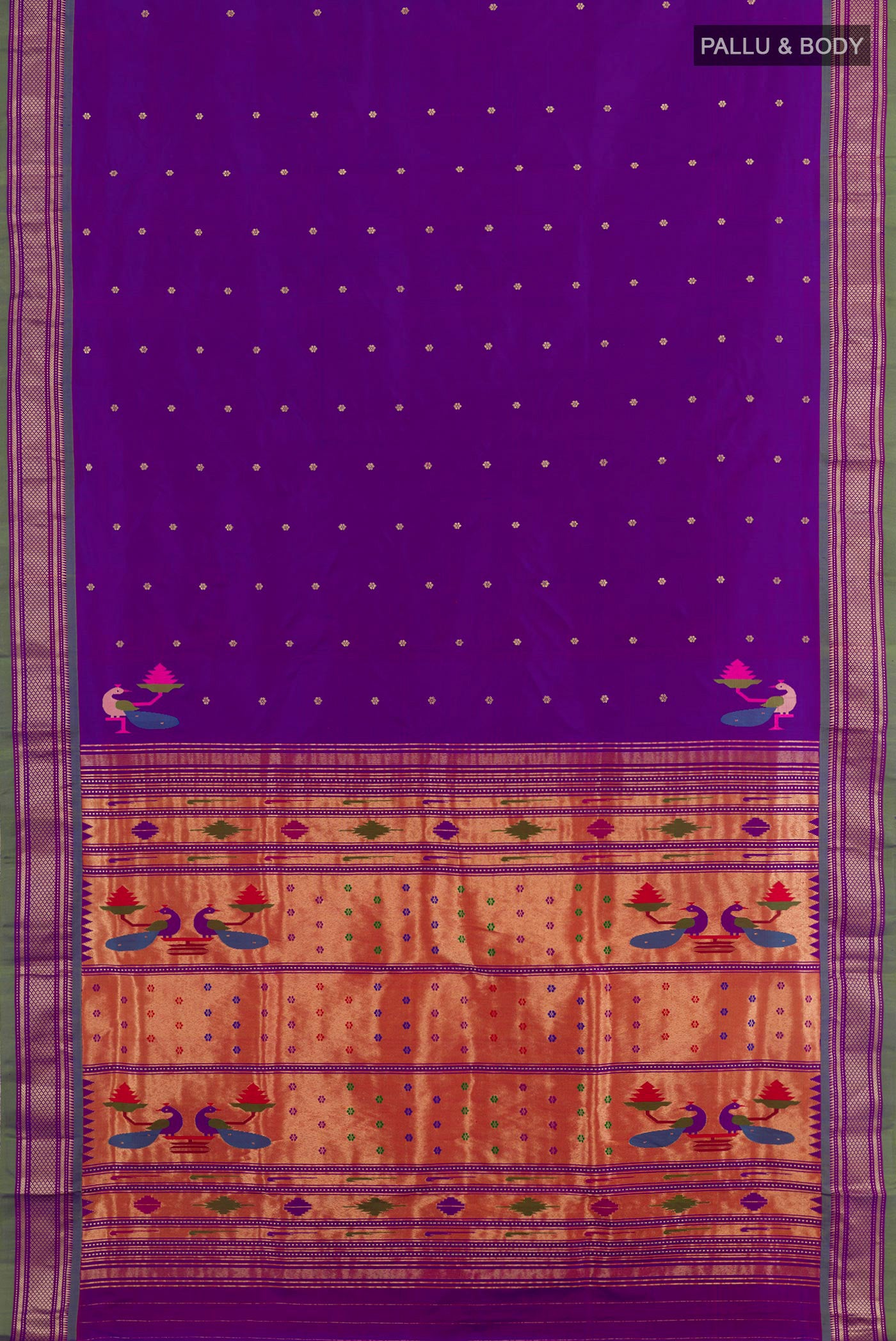 Flat view of Purple Paithani Silk Saree with Zari Butta on the body and Zari Border. 