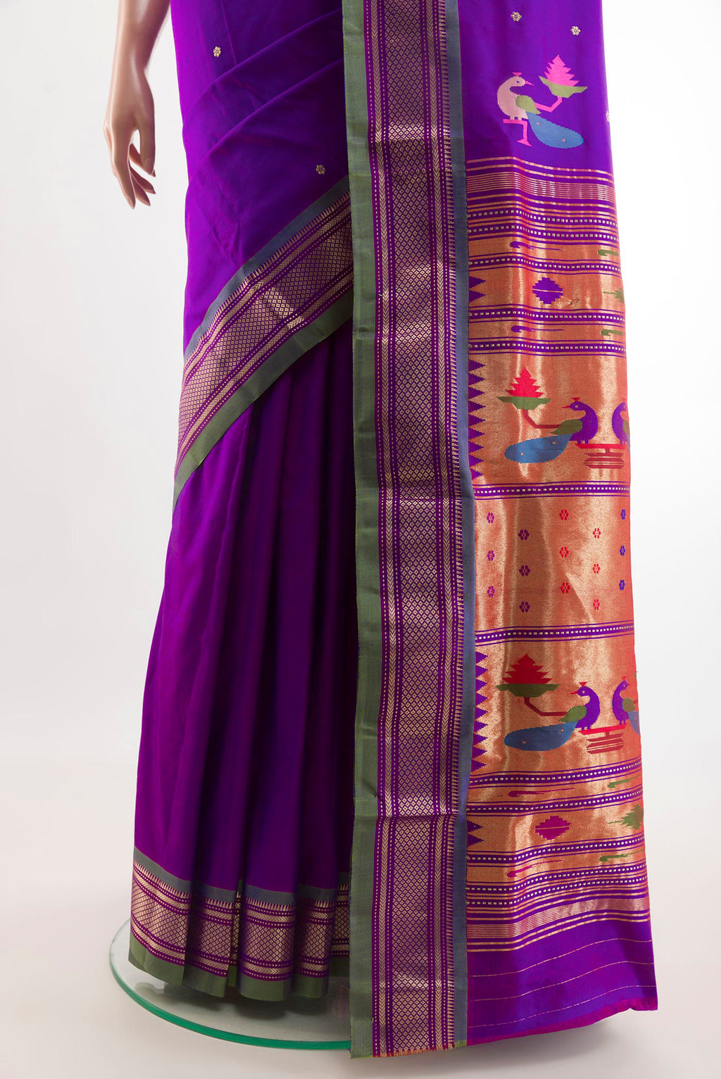 Pleats and pallu of Purple Paithani Silk Saree with Zari Butta on the body and Zari Border. 