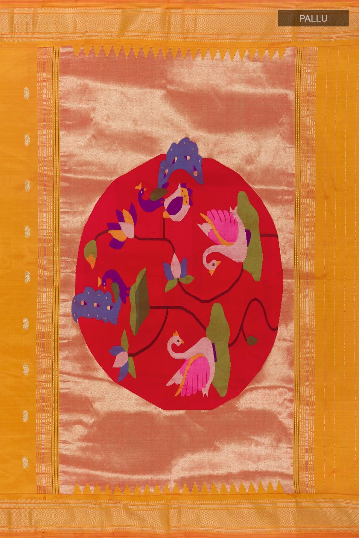 Close up image of the pallu of Yellow Paithani Silk Saree with Zari Butta on the body and Zari Border. 