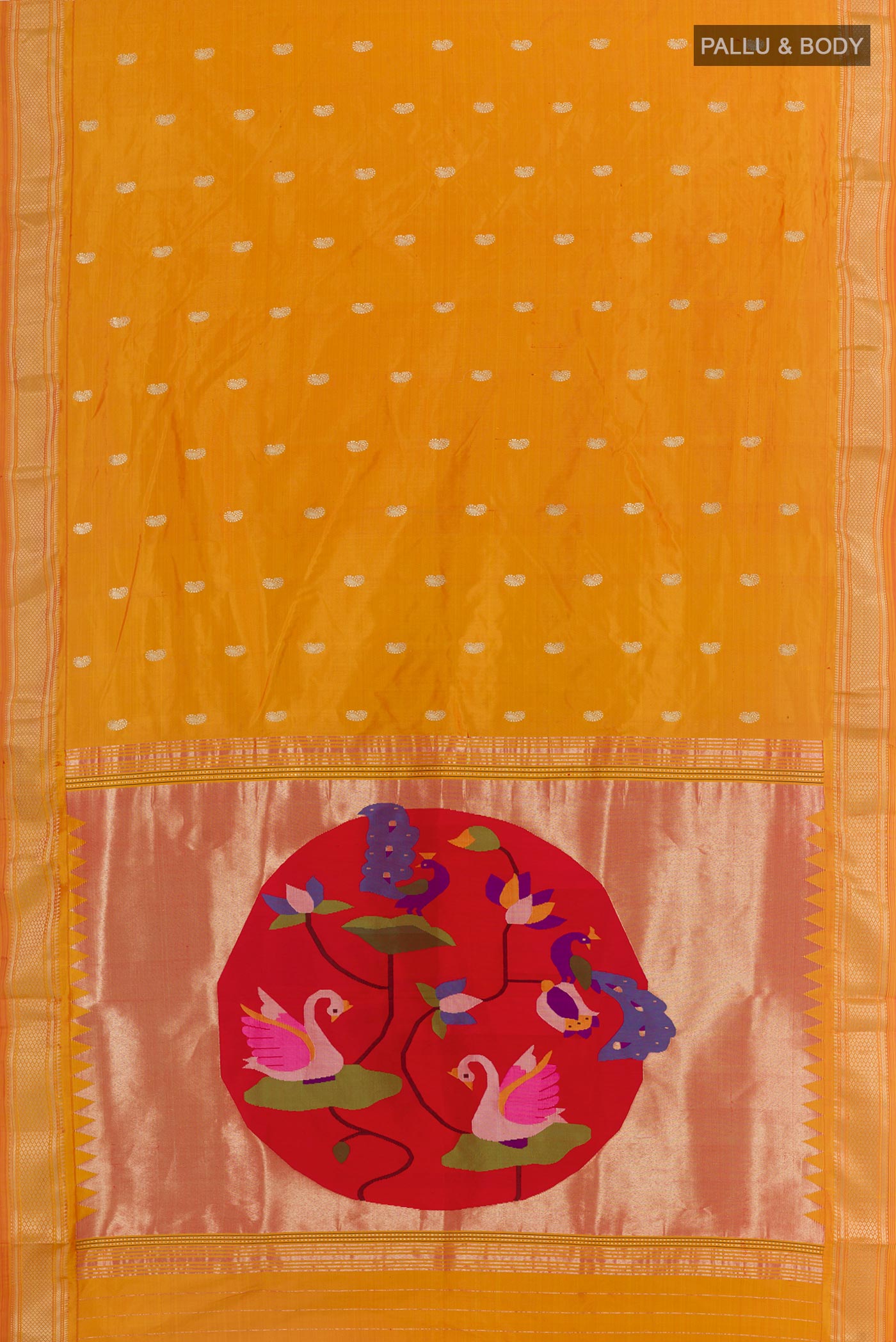 Flat view of Yellow Paithani Silk Saree with Zari Butta on the body and Zari Border. 