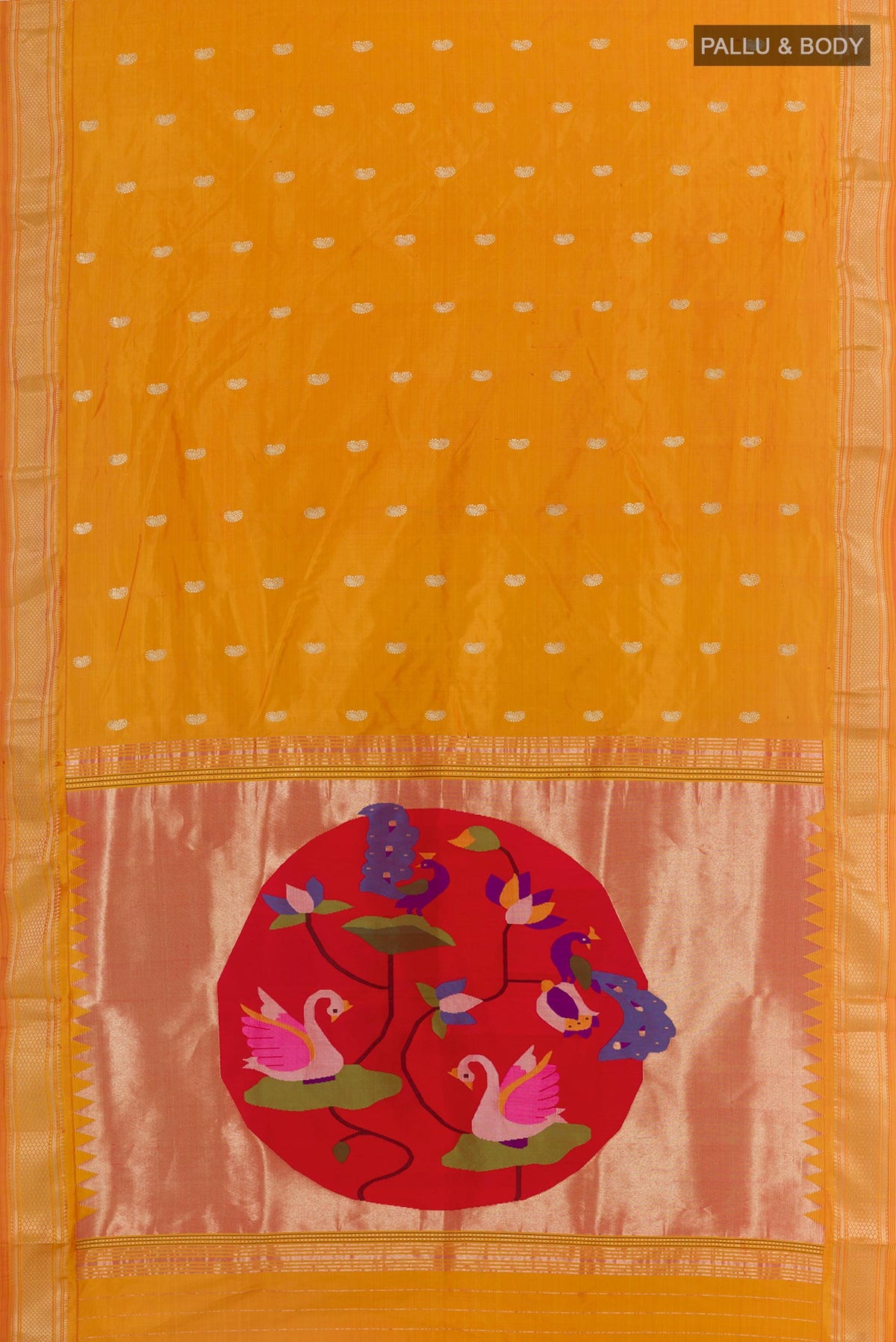 Flat view of Yellow Paithani Silk Saree with Zari Butta on the body and Zari Border. 