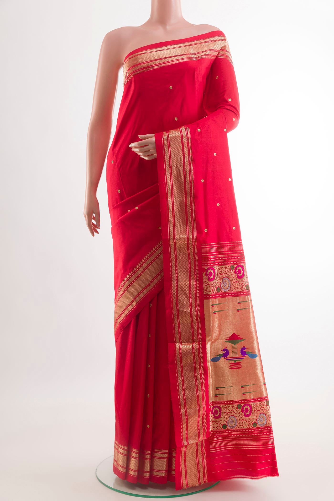 Red Paithani Silk Saree with Zari Butta on the body and Zari Border.  displayed on a mannequin