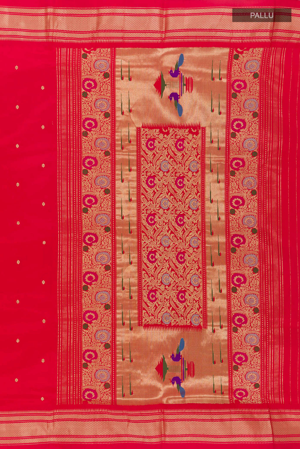 Close up image of the pallu of Red Paithani Silk Saree with Zari Butta on the body and Zari Border. 