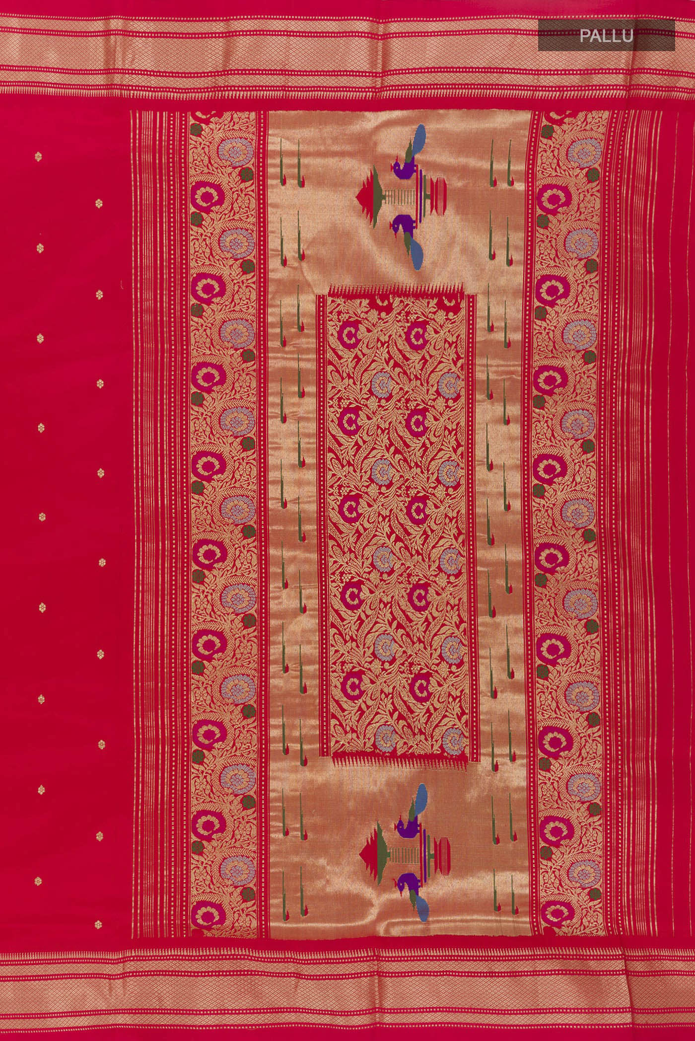 Close up image of the pallu of Red Paithani Silk Saree with Zari Butta on the body and Zari Border. 