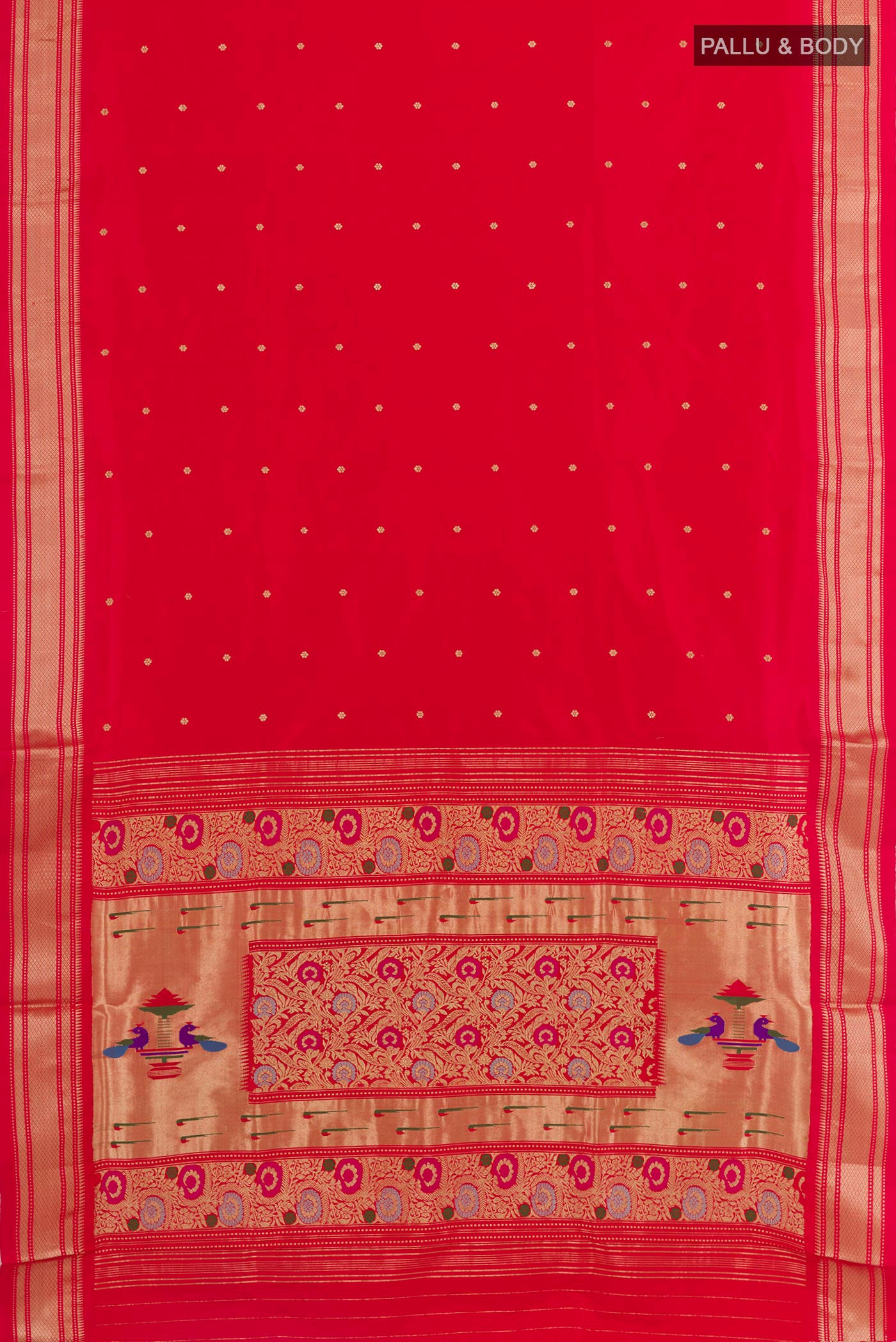Flat view of Red Paithani Silk Saree with Zari Butta on the body and Zari Border. 