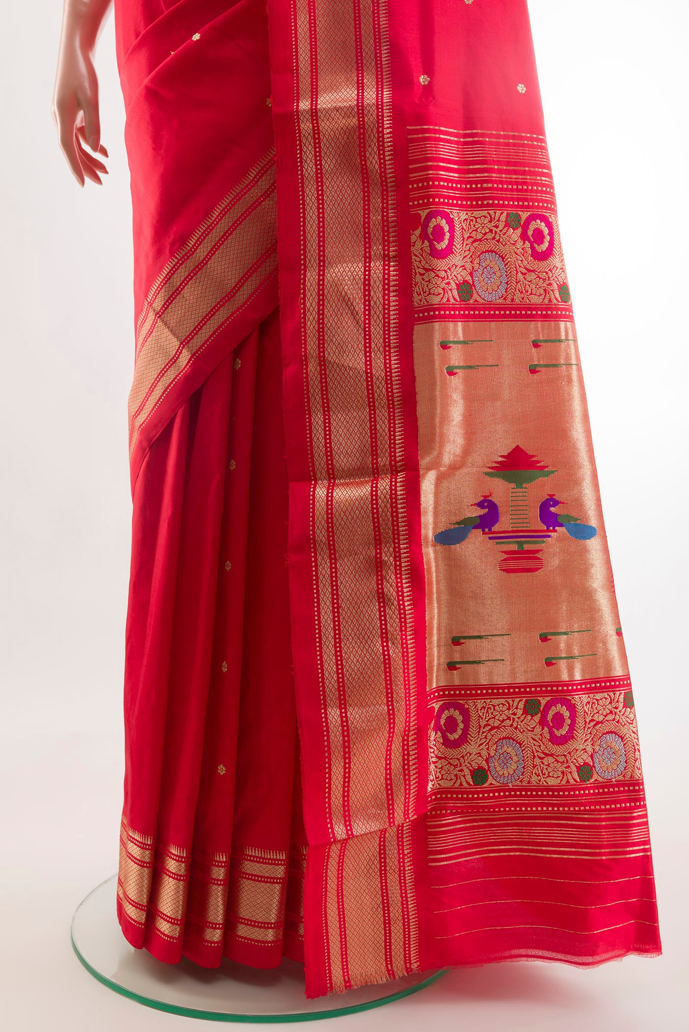 Pleats and pallu of Red Paithani Silk Saree with Zari Butta on the body and Zari Border. 