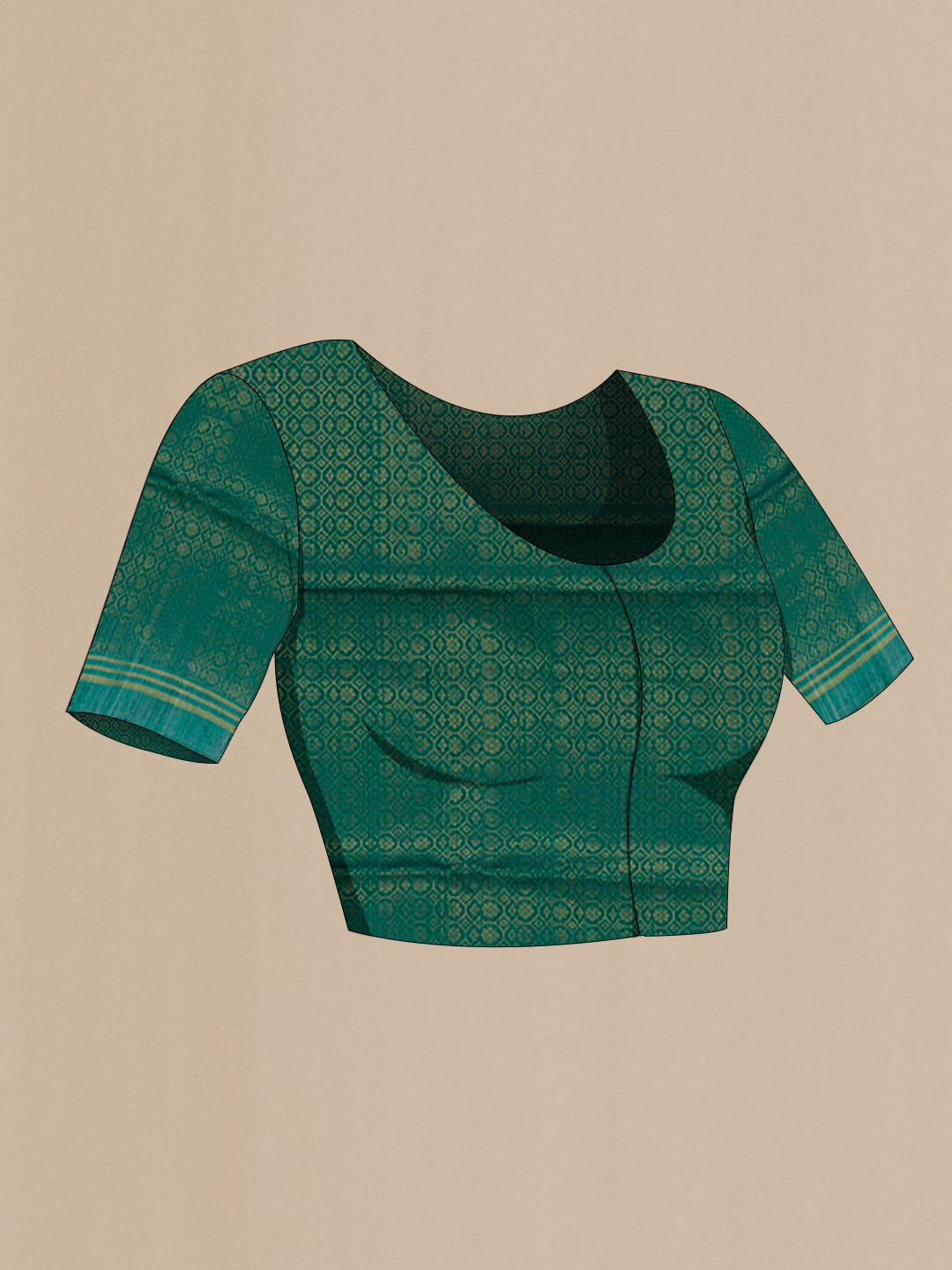 Close up image of the blouse of Green Raw Silk Saree with Plain Body and Plain Border. 