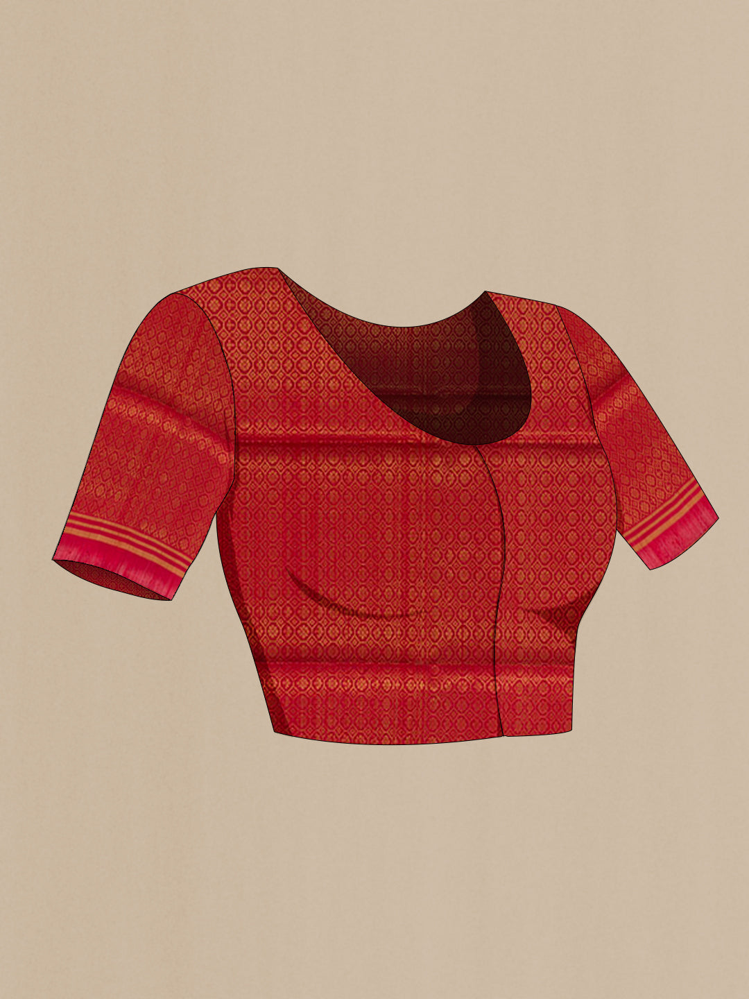 Close up image of the blouse of Red Raw Silk Saree with Plain Body and Plain Border. 