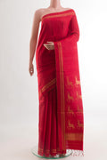 Red Raw Silk Saree with Plain Body and Plain Border.  displayed on a mannequin