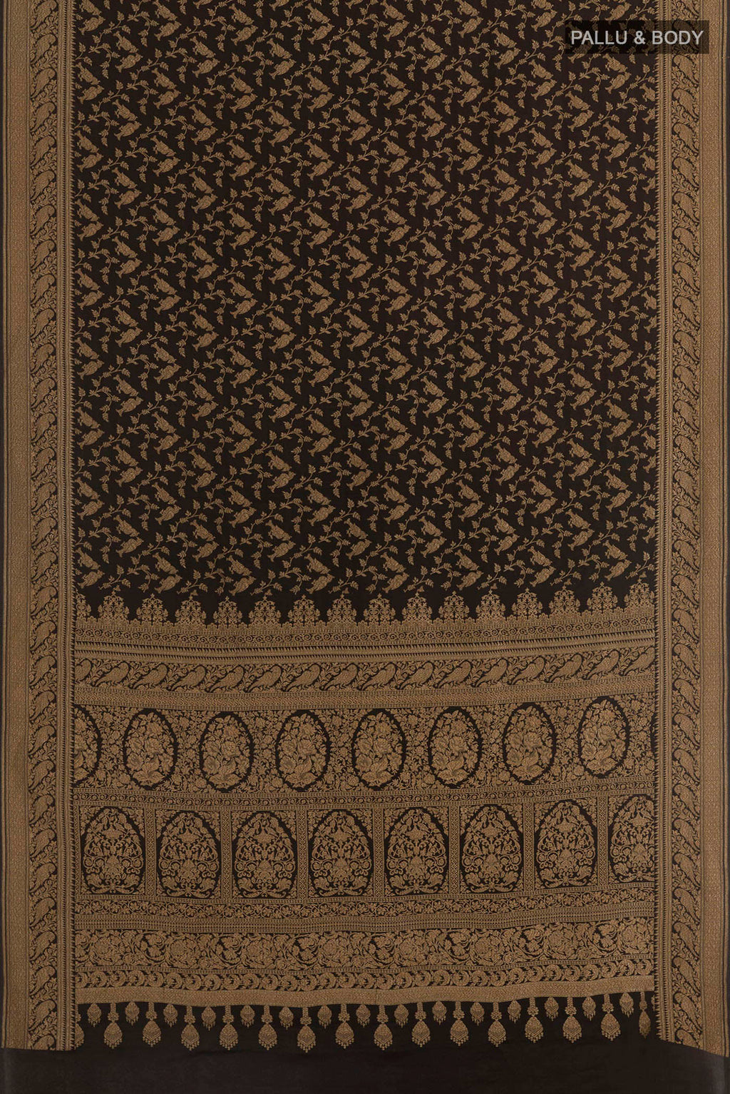 Flat view of Black Banarasi Georgette Saree with Zari Brocade on the body and Zari Border. 