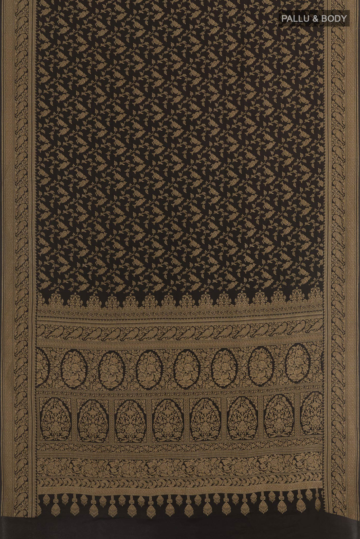 Flat view of Black Banarasi Georgette Saree with Zari Brocade on the body and Zari Border. 